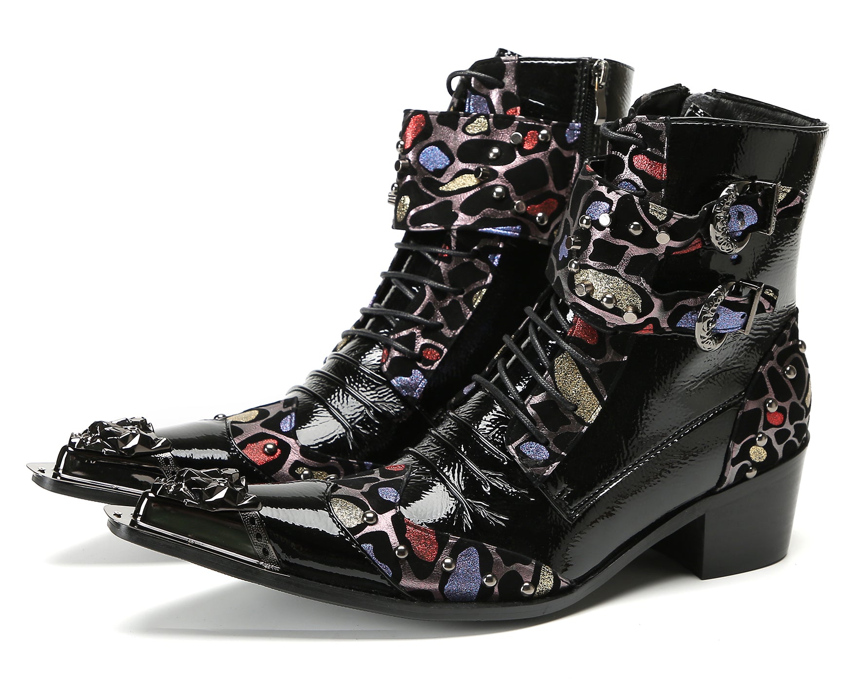 Men's Metal-Tip Toe Beaded Buckle Hight Top Western Boots