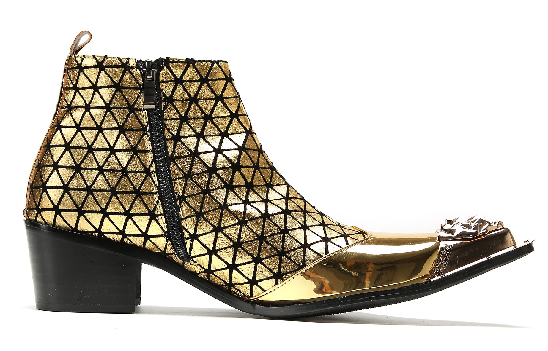 Men's Metal-Tip Toe Zipper Plaid Texture Western Boots