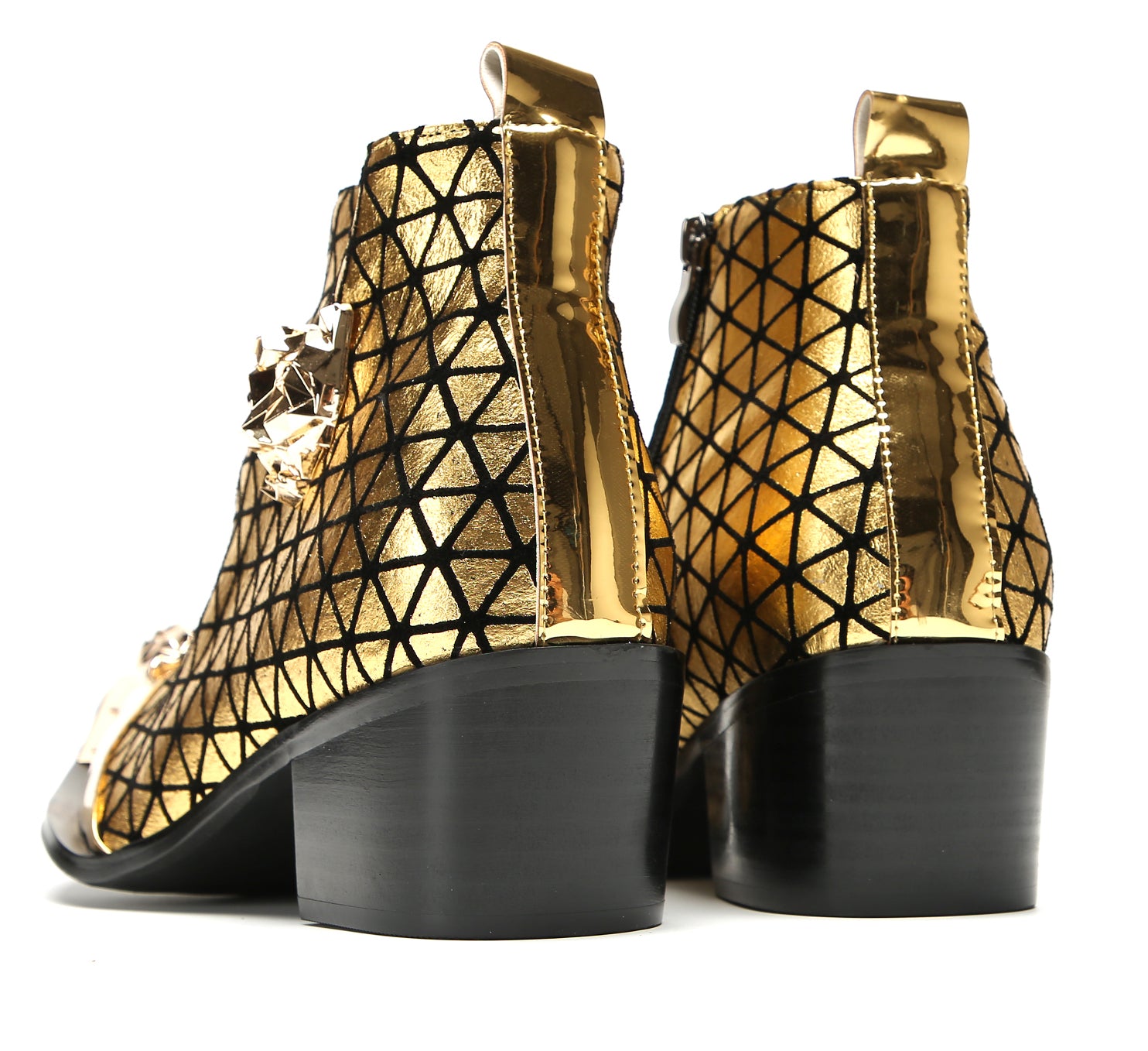 Men's Metal-Tip Toe Zipper Plaid Texture Western Boots