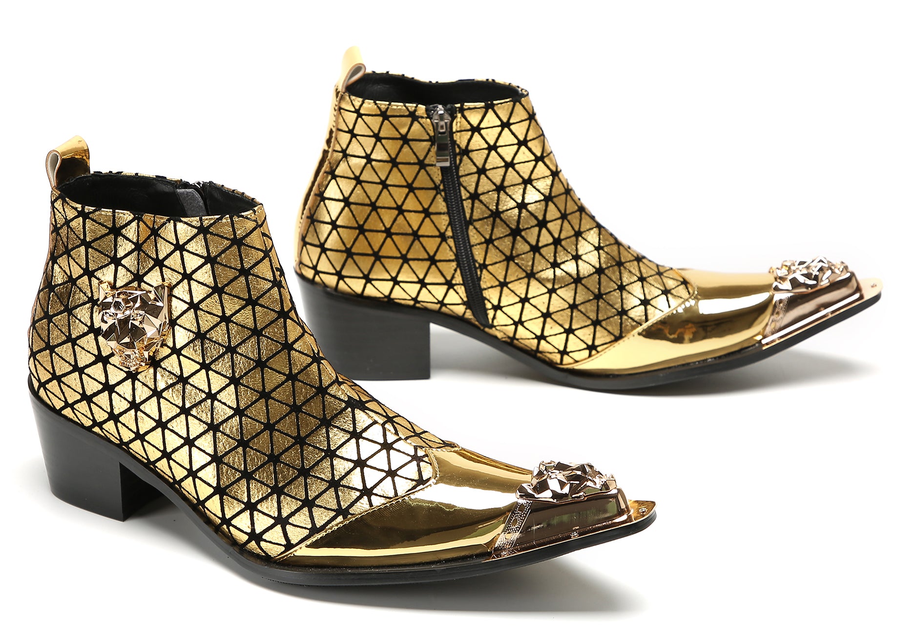 Men's Metal-Tip Toe Zipper Plaid Texture Western Boots