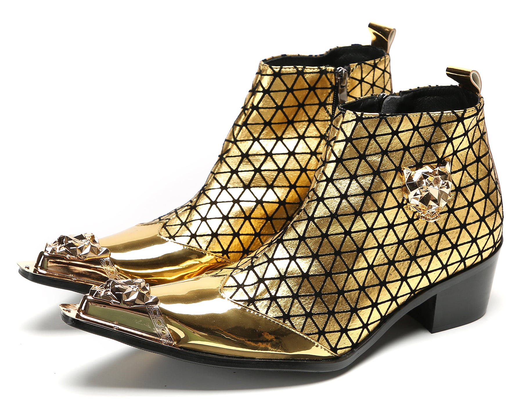 Men's Metal-Tip Toe Zipper Plaid Texture Western Boots