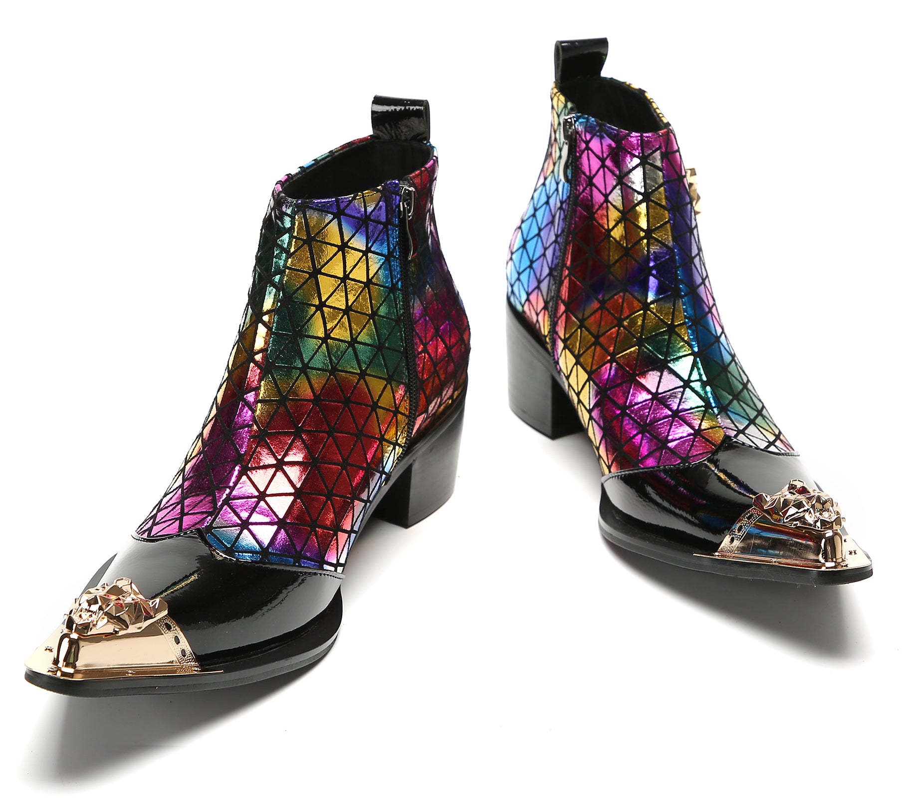 Men's Metal-Tip Toe Zipper Plaid Texture Western Boots