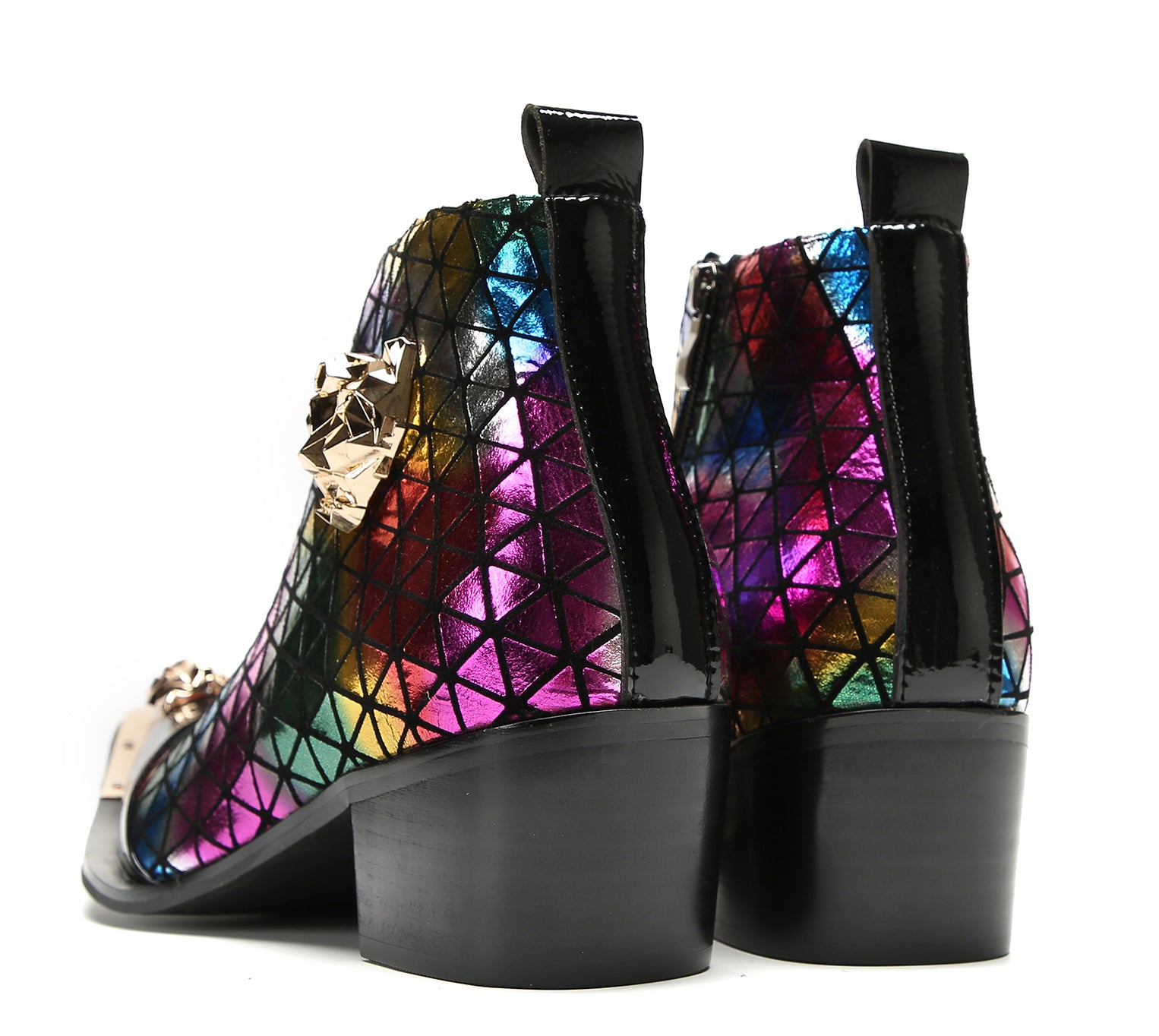 Men's Metal-Tip Toe Zipper Plaid Texture Western Boots
