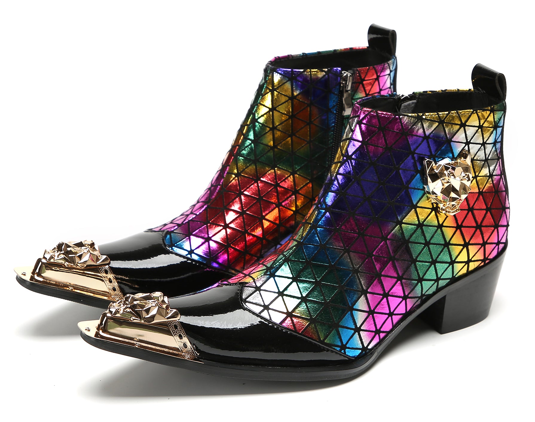 Men's Metal-Tip Toe Zipper Plaid Texture Western Boots