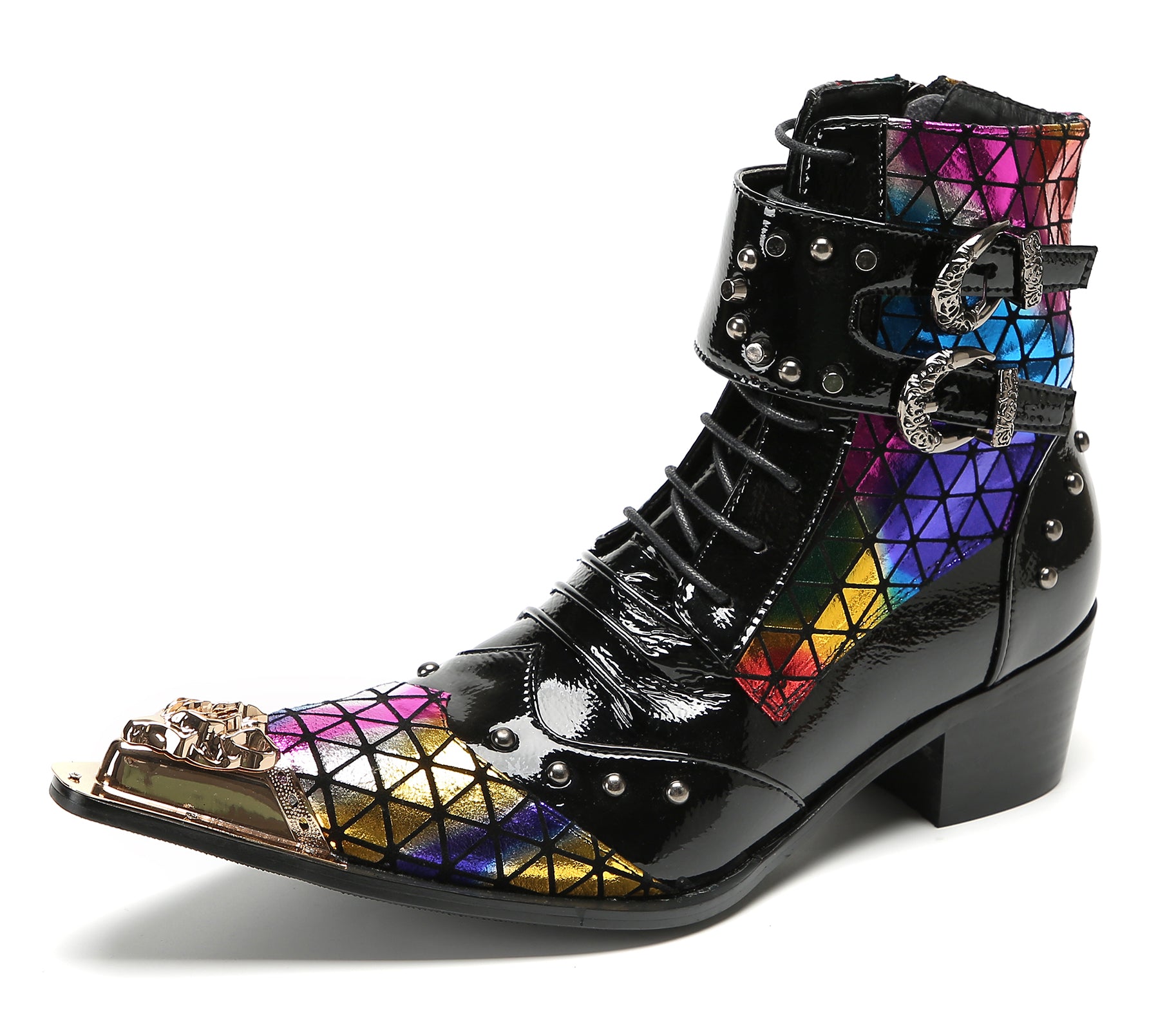 Men's Metal-Tip Toe Beaded Buckle Hight Top Western Boots