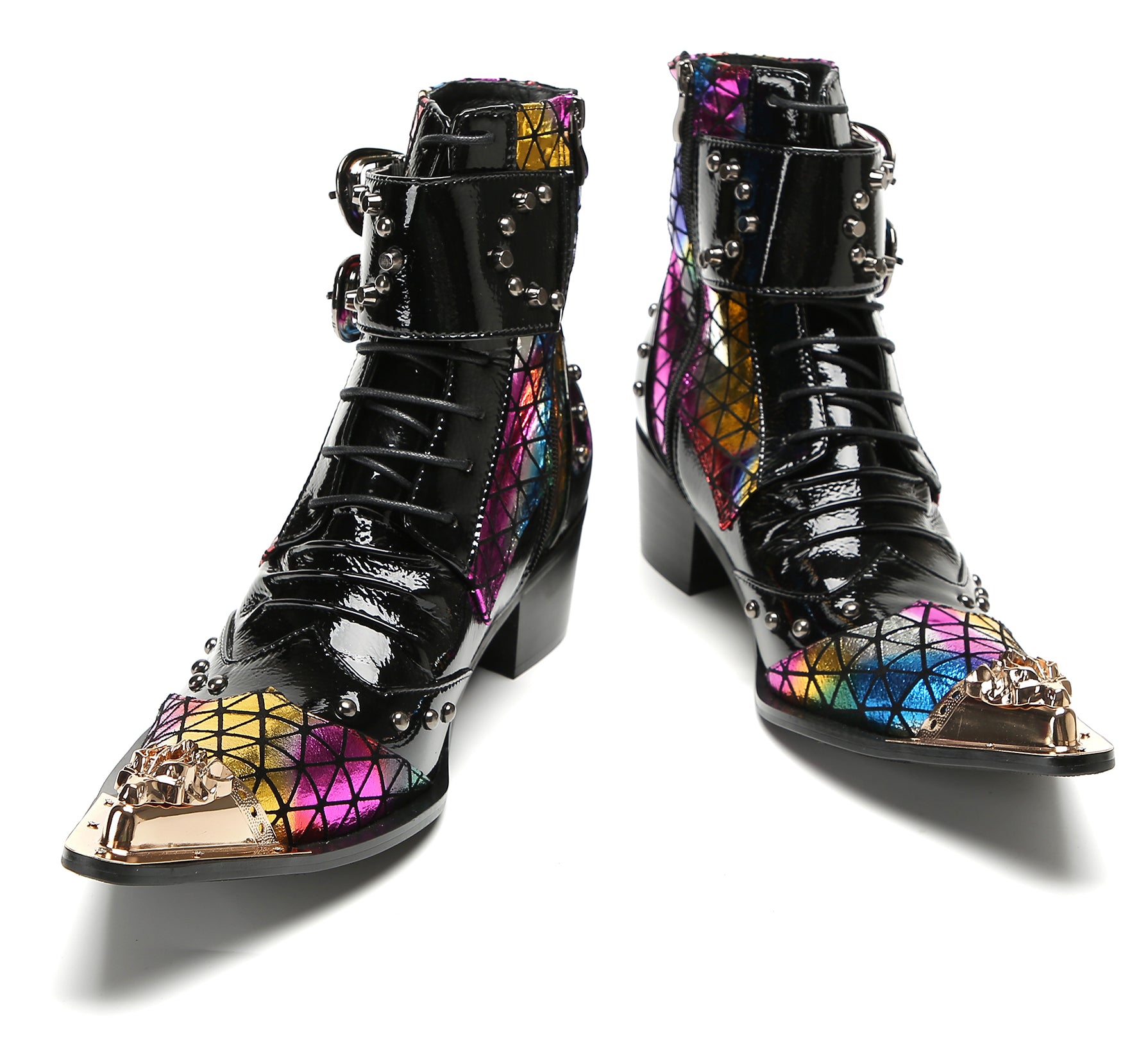 Men's Metal-Tip Toe Beaded Buckle Hight Top Western Boots