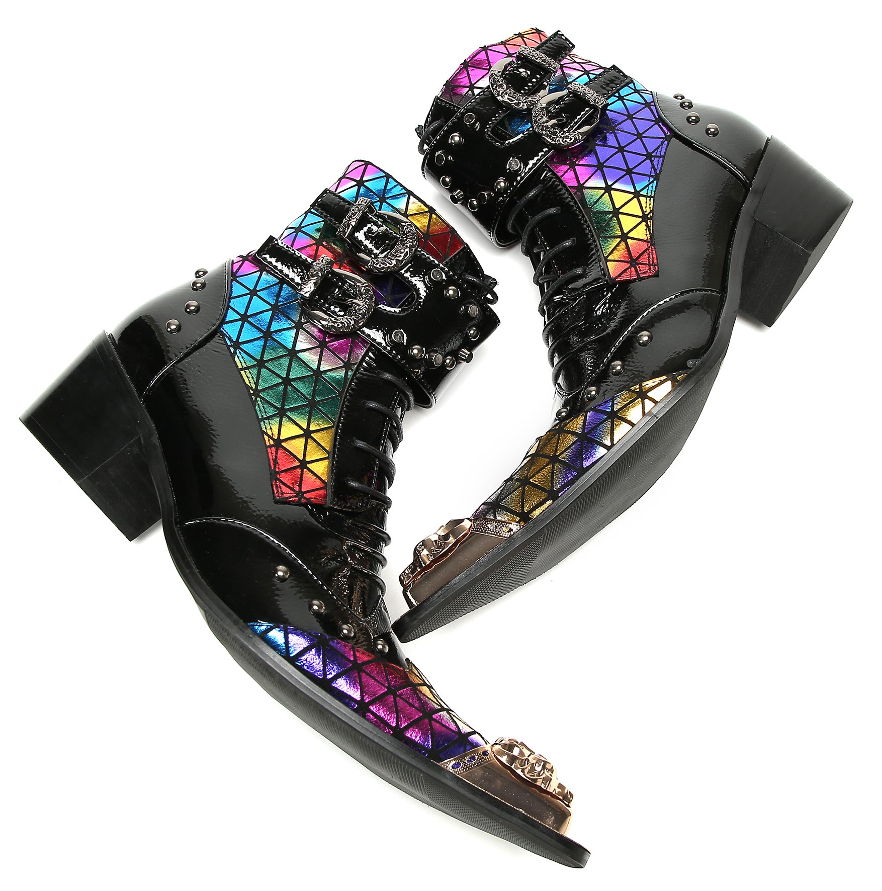 Men's Metal-Tip Toe Beaded Buckle Hight Top Western Boots
