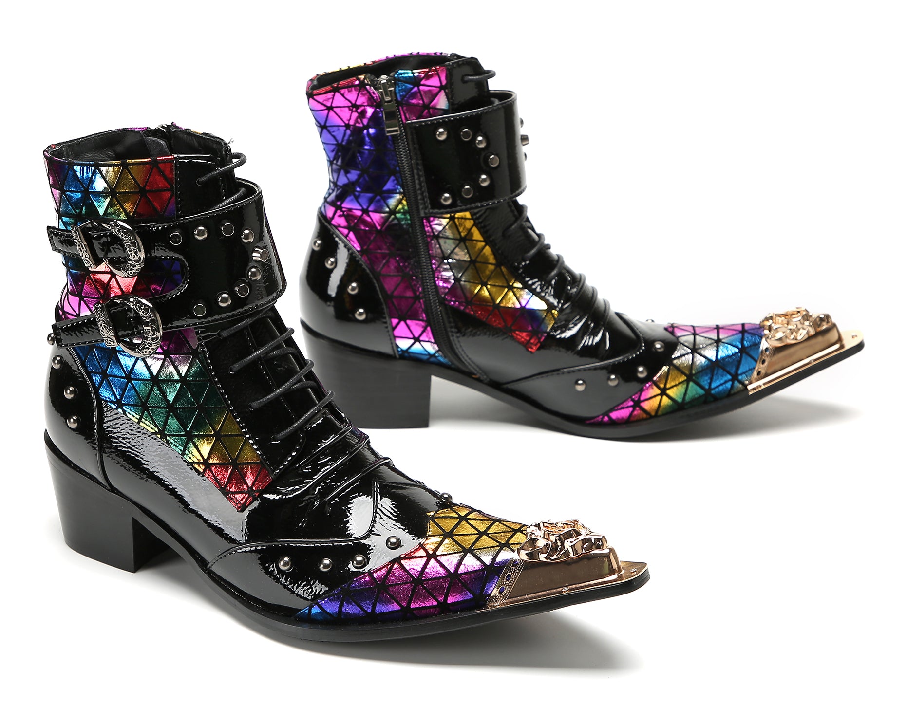 Men's Metal-Tip Toe Beaded Buckle Hight Top Western Boots