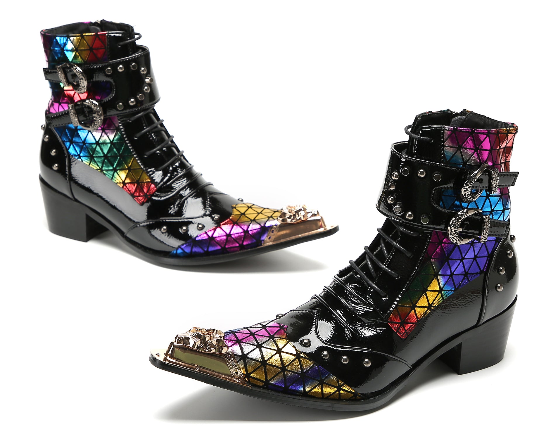 Men's Metal-Tip Toe Beaded Buckle Hight Top Western Boots