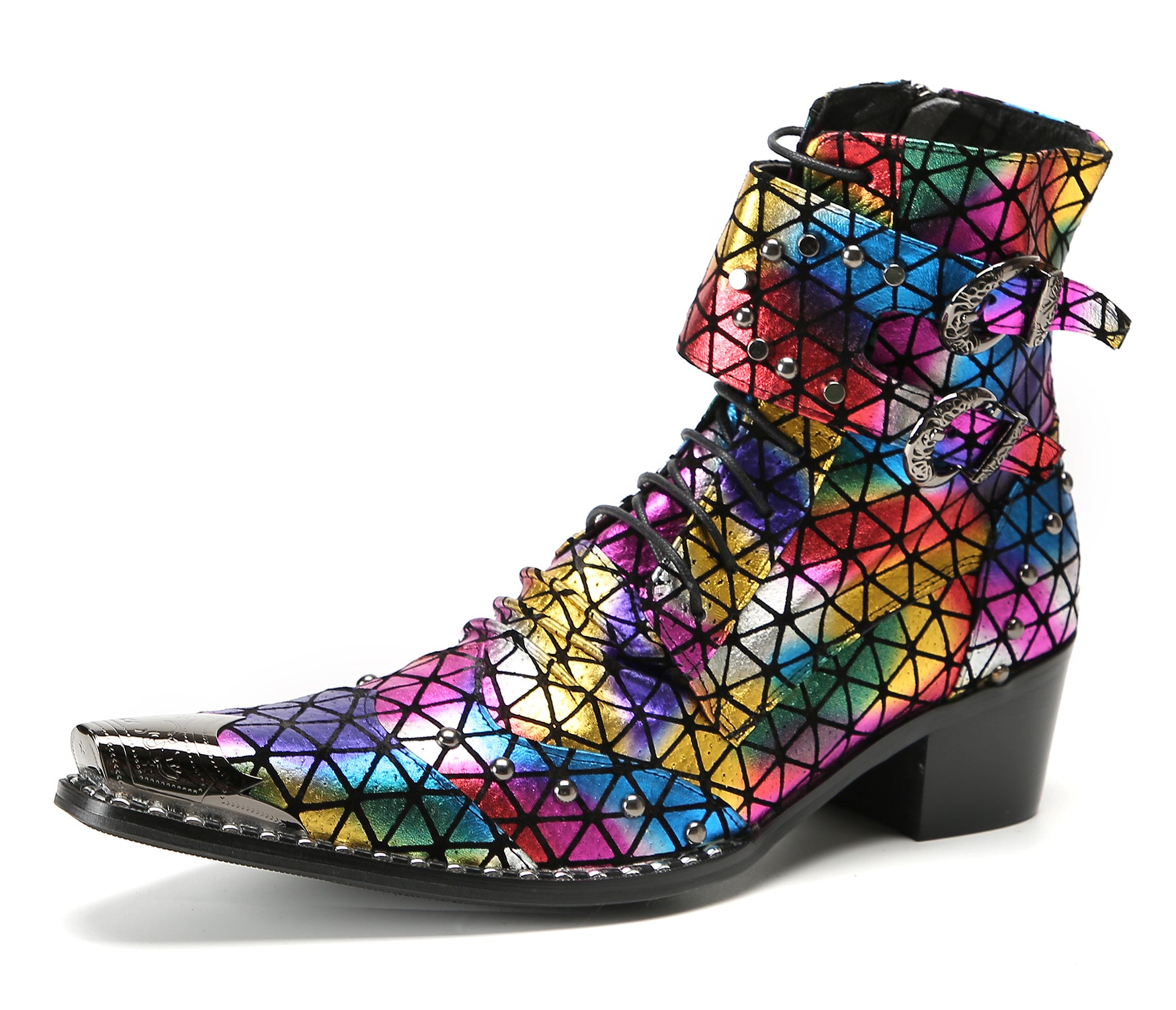 Men's Metal-Tip Toe Beaded Buckle Hight Top Western Boots