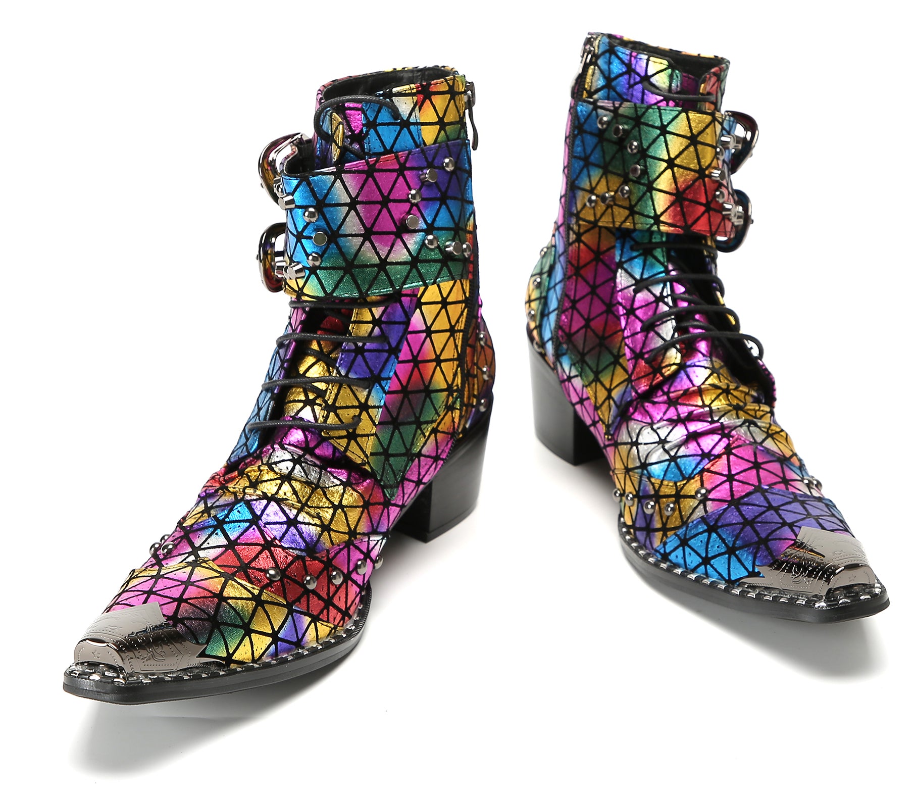 Men's Metal-Tip Toe Beaded Buckle Hight Top Western Boots