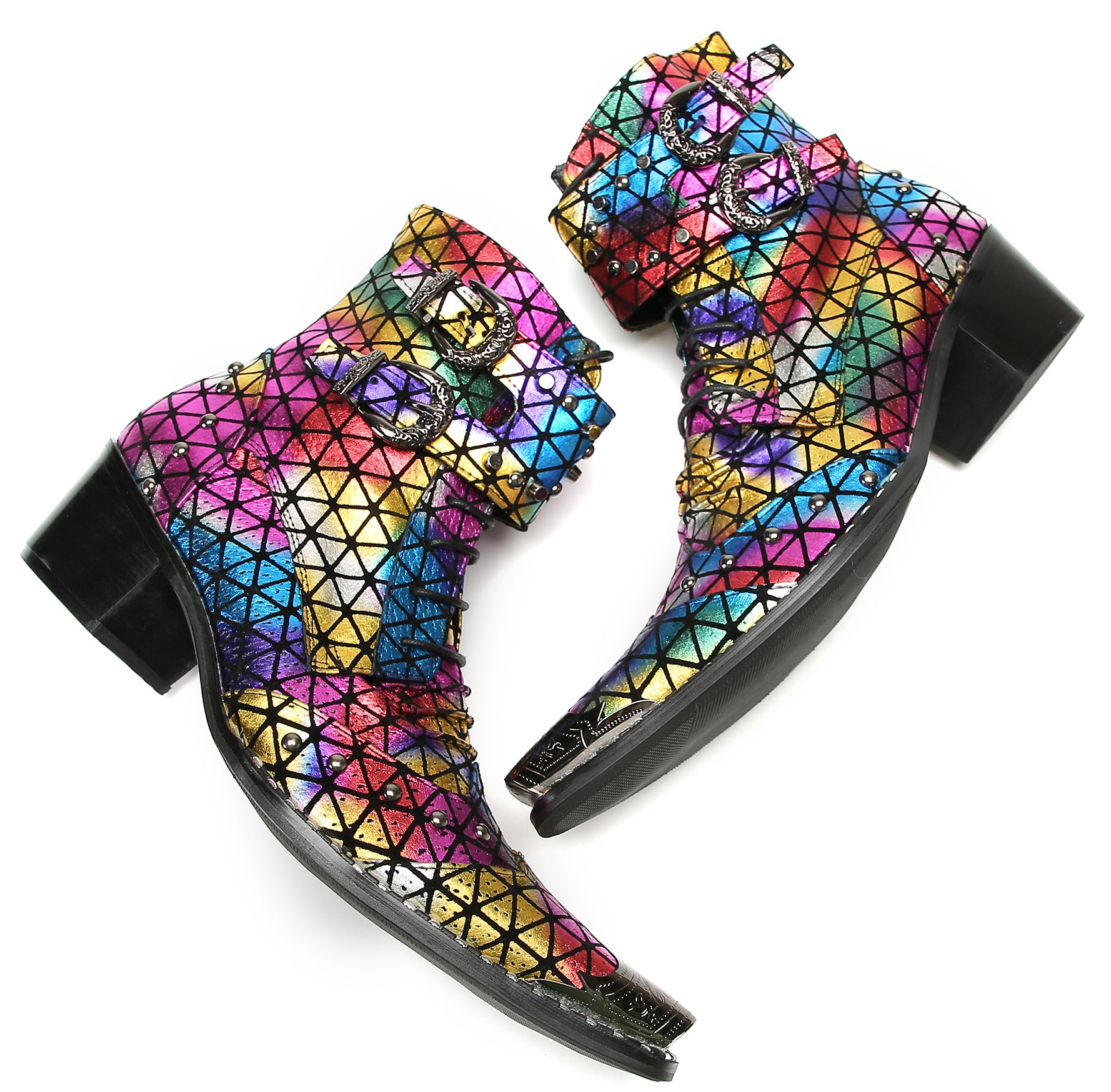 Men's Metal-Tip Toe Beaded Buckle Hight Top Western Boots