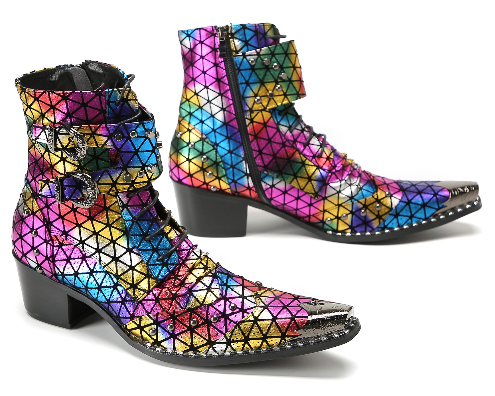 Men's Metal-Tip Toe Beaded Buckle Hight Top Western Boots