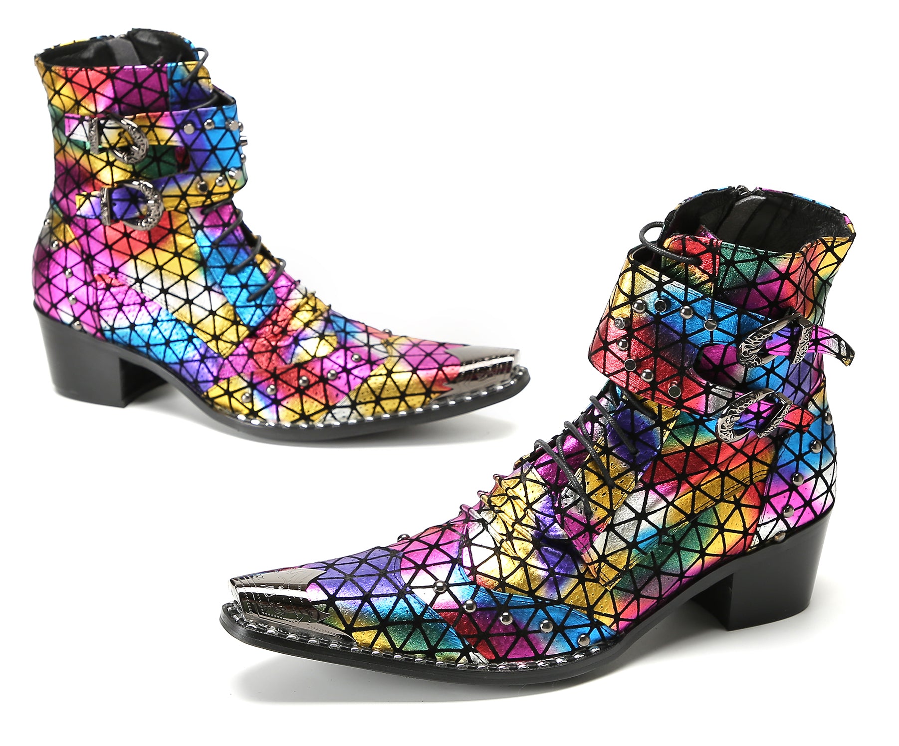 Men's Metal-Tip Toe Beaded Buckle Hight Top Western Boots