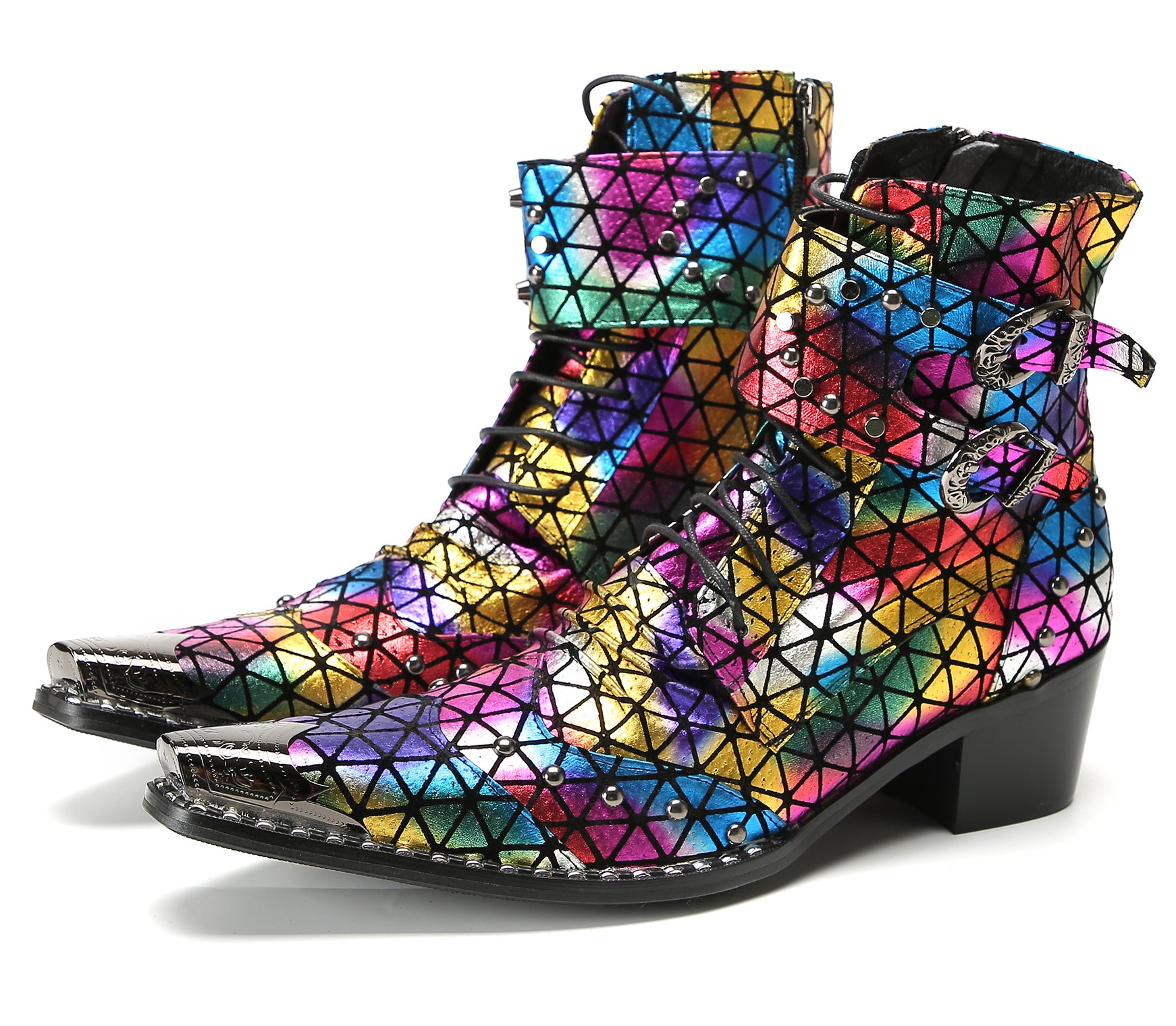 Men's Metal-Tip Toe Beaded Buckle Hight Top Western Boots