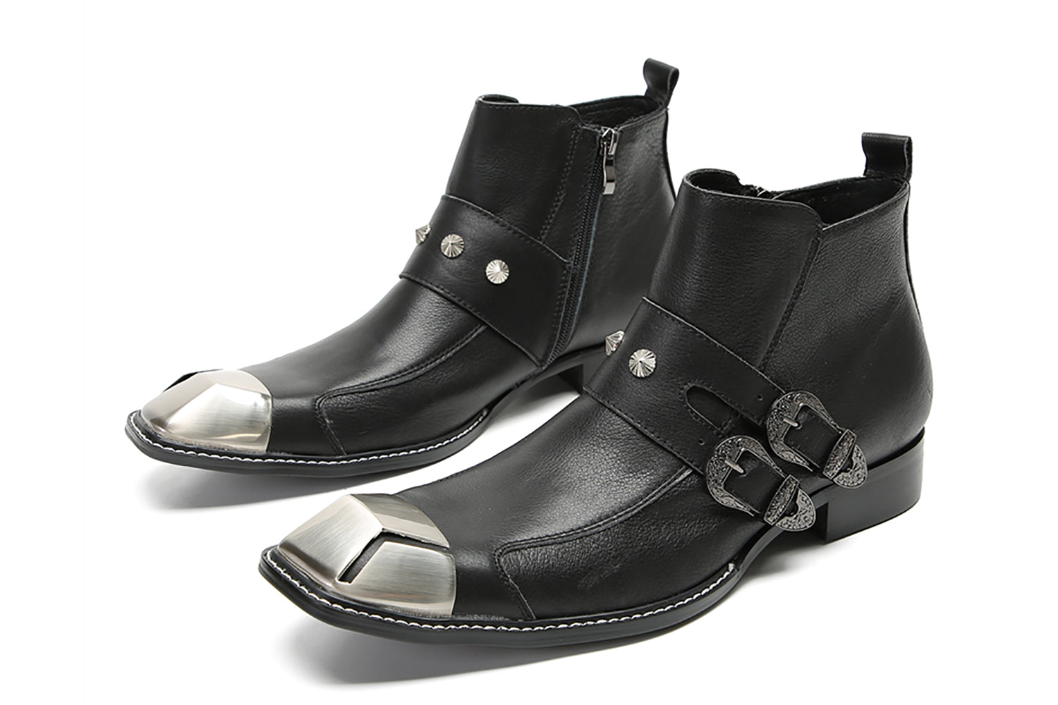 Men's Metal Square Toe Double Buckles Western Boots