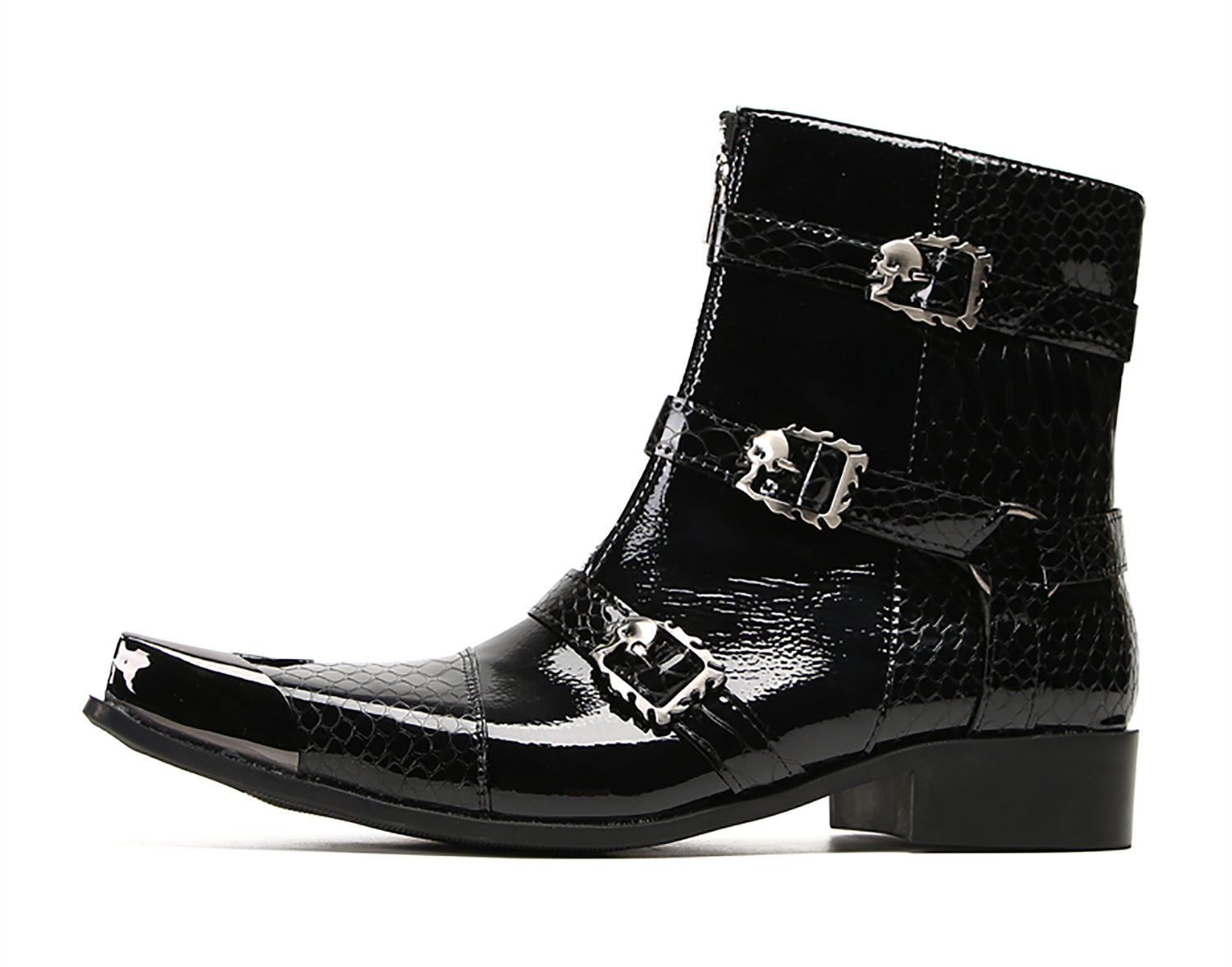 Men's Metal Square-Toe Buckle Zipper Western Boots