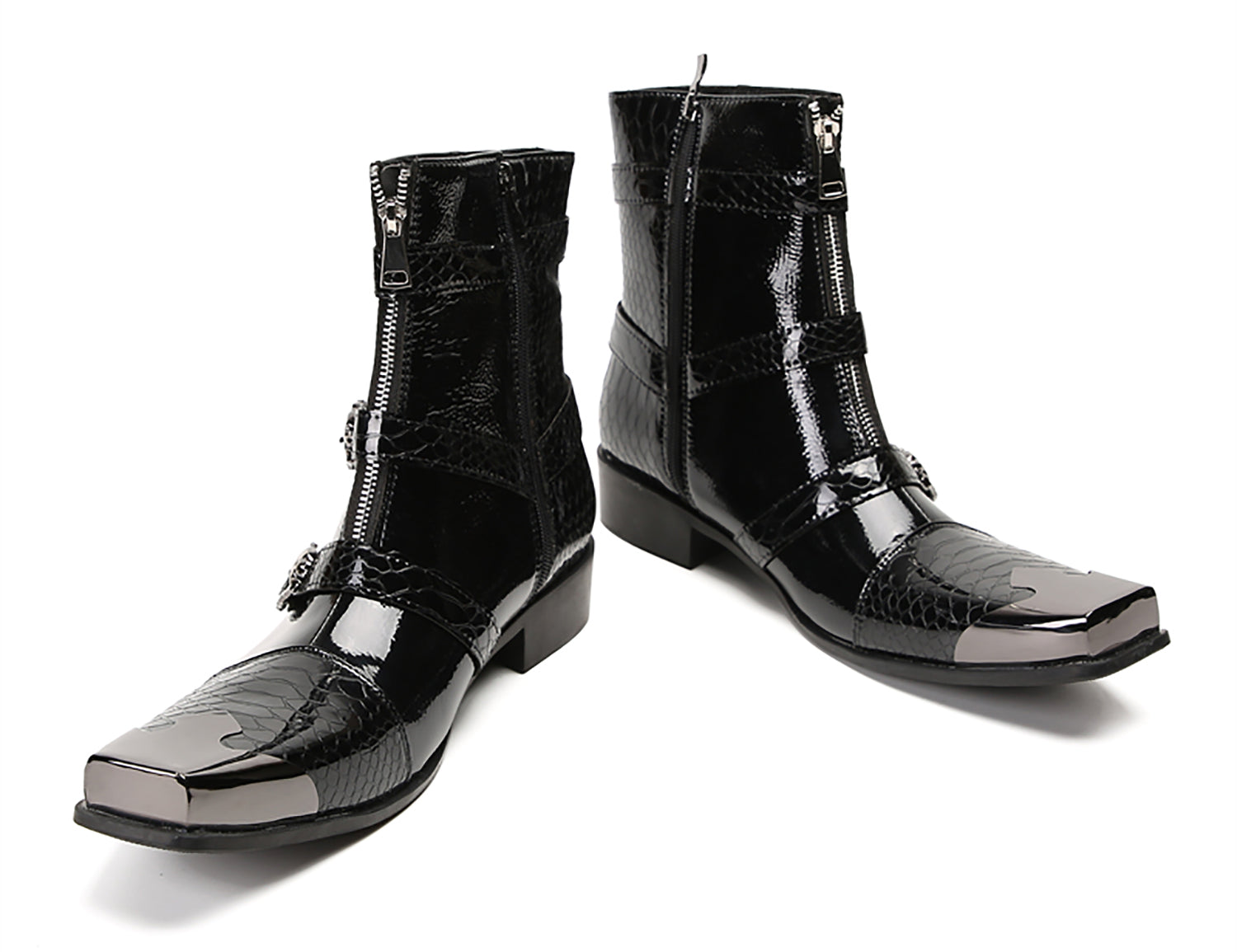 Men's Metal Square-Toe Buckle Zipper Western Boots
