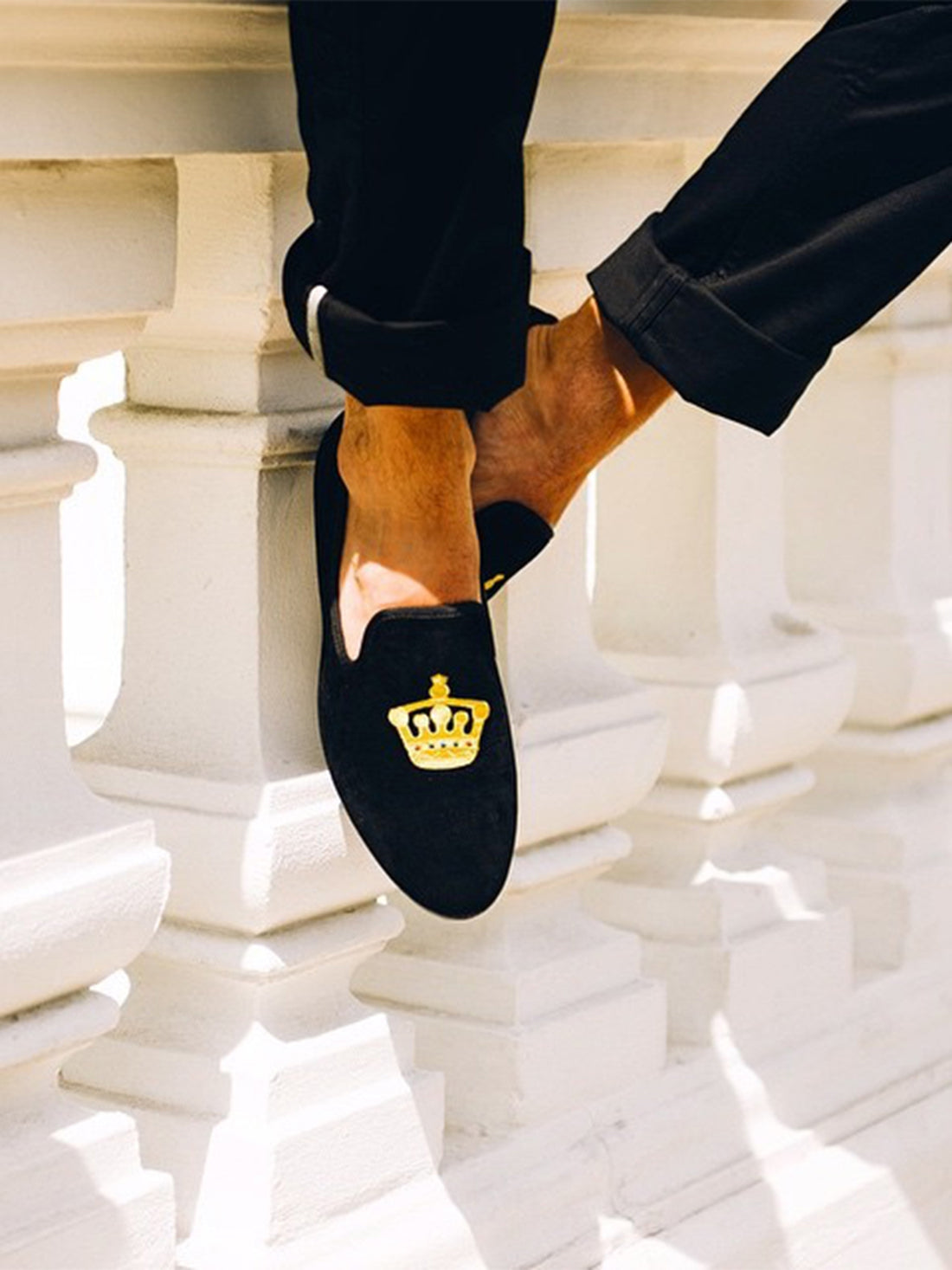 Mens Suede Loafers Embroidered Crown Slip On Shoes
