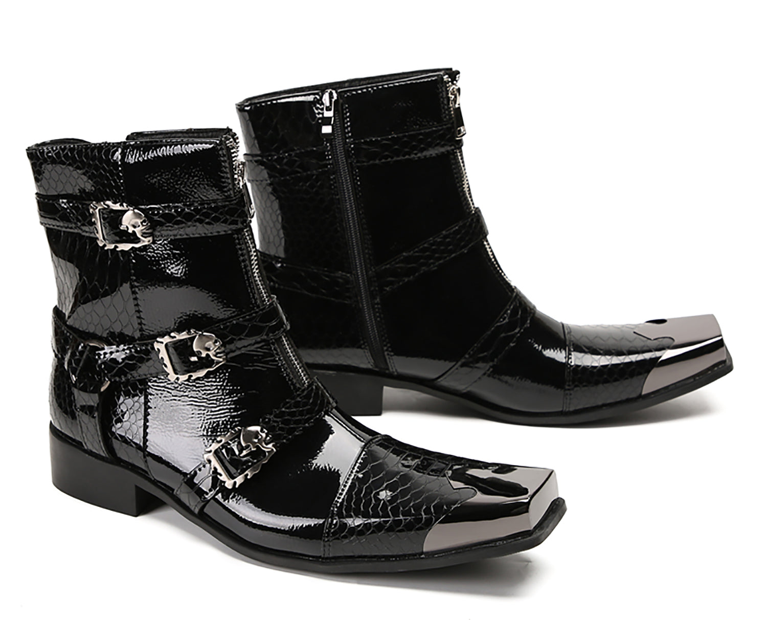 Men's Metal Square-Toe Buckle Zipper Western Boots