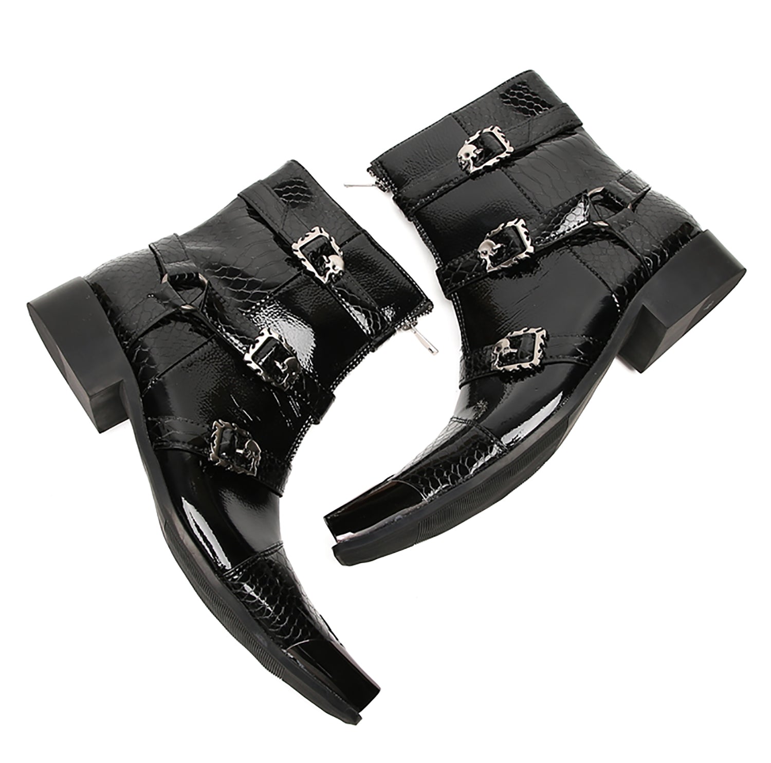 Men's Metal Square-Toe Buckle Zipper Western Boots