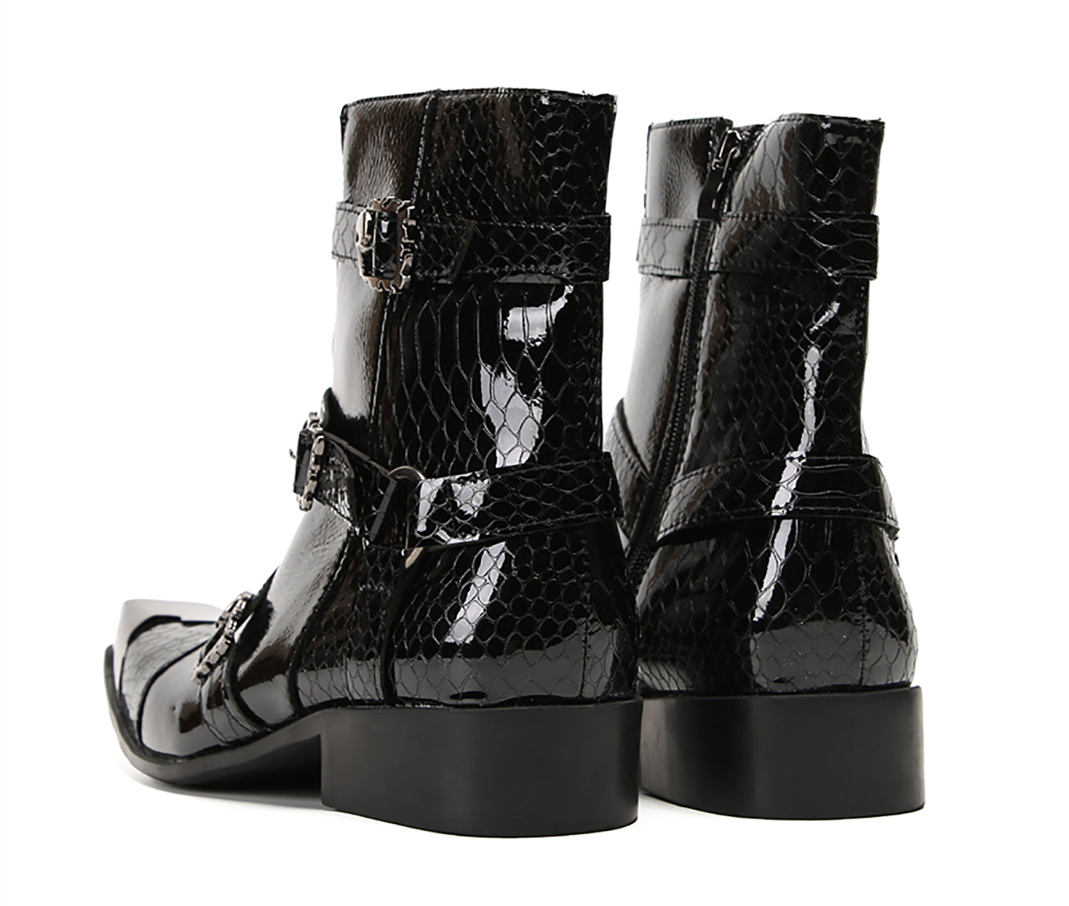 Men's Metal Square-Toe Buckle Zipper Western Boots