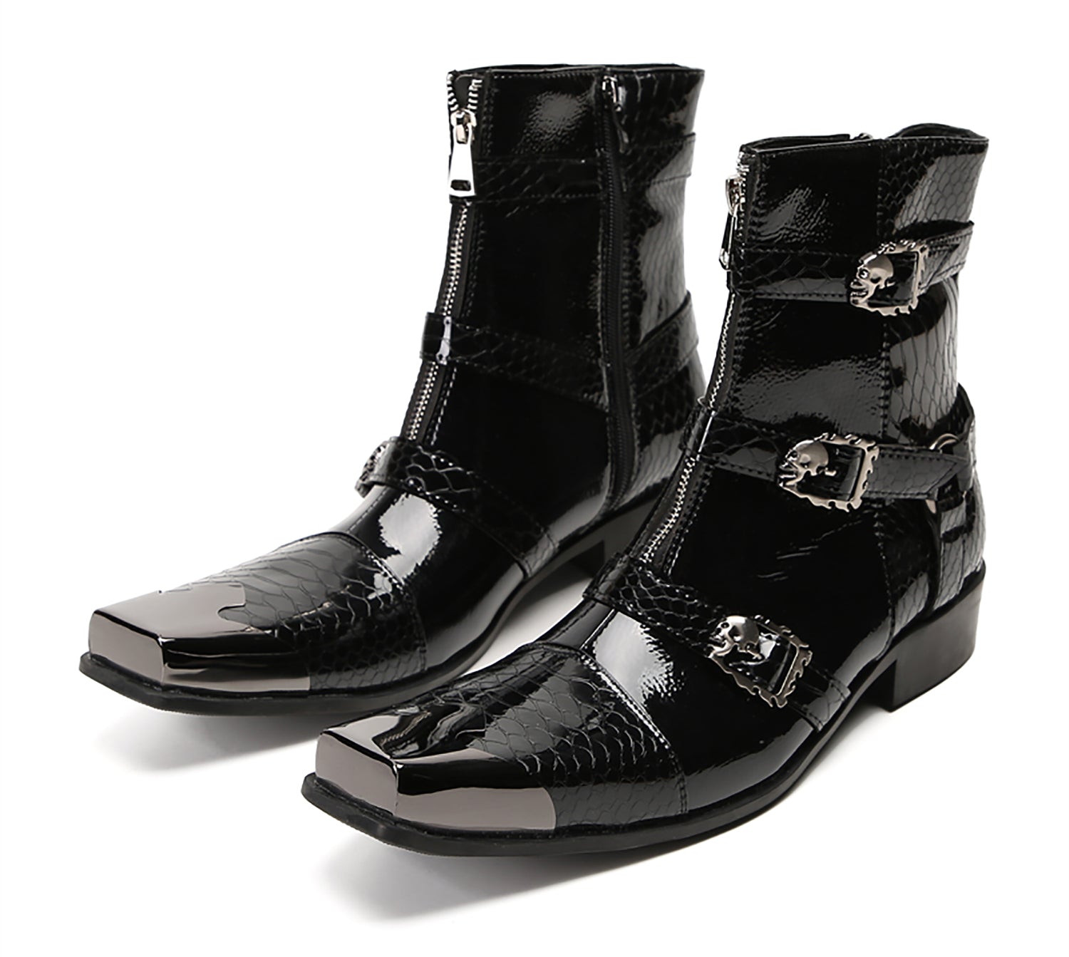 Men's Metal Square-Toe Buckle Zipper Western Boots