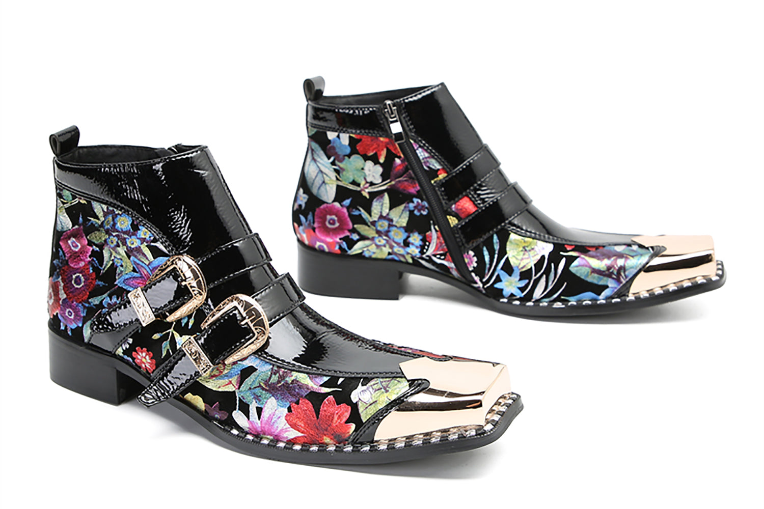 Botas vaqueras con botones dobles y punta cuadrada de metal para hombre