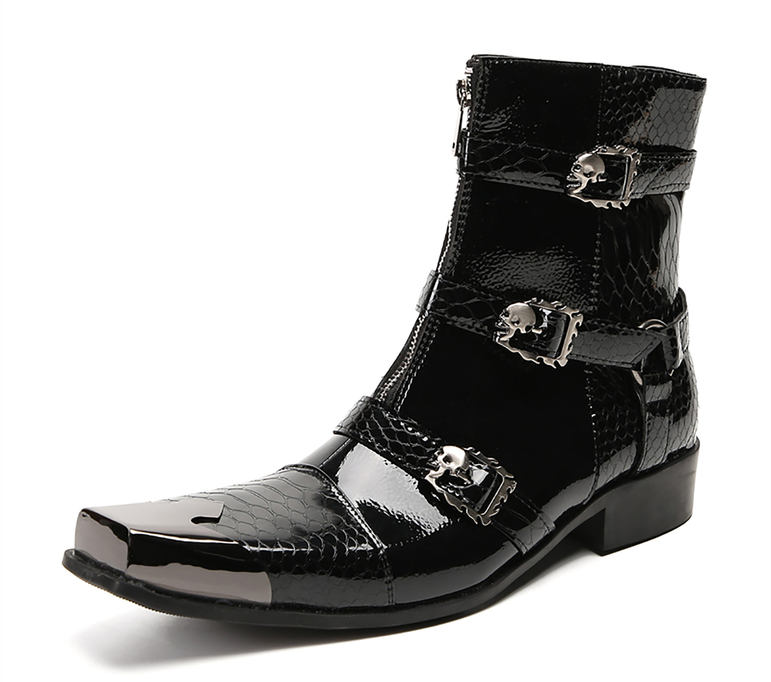Men's Metal Square-Toe Buckle Zipper Western Boots