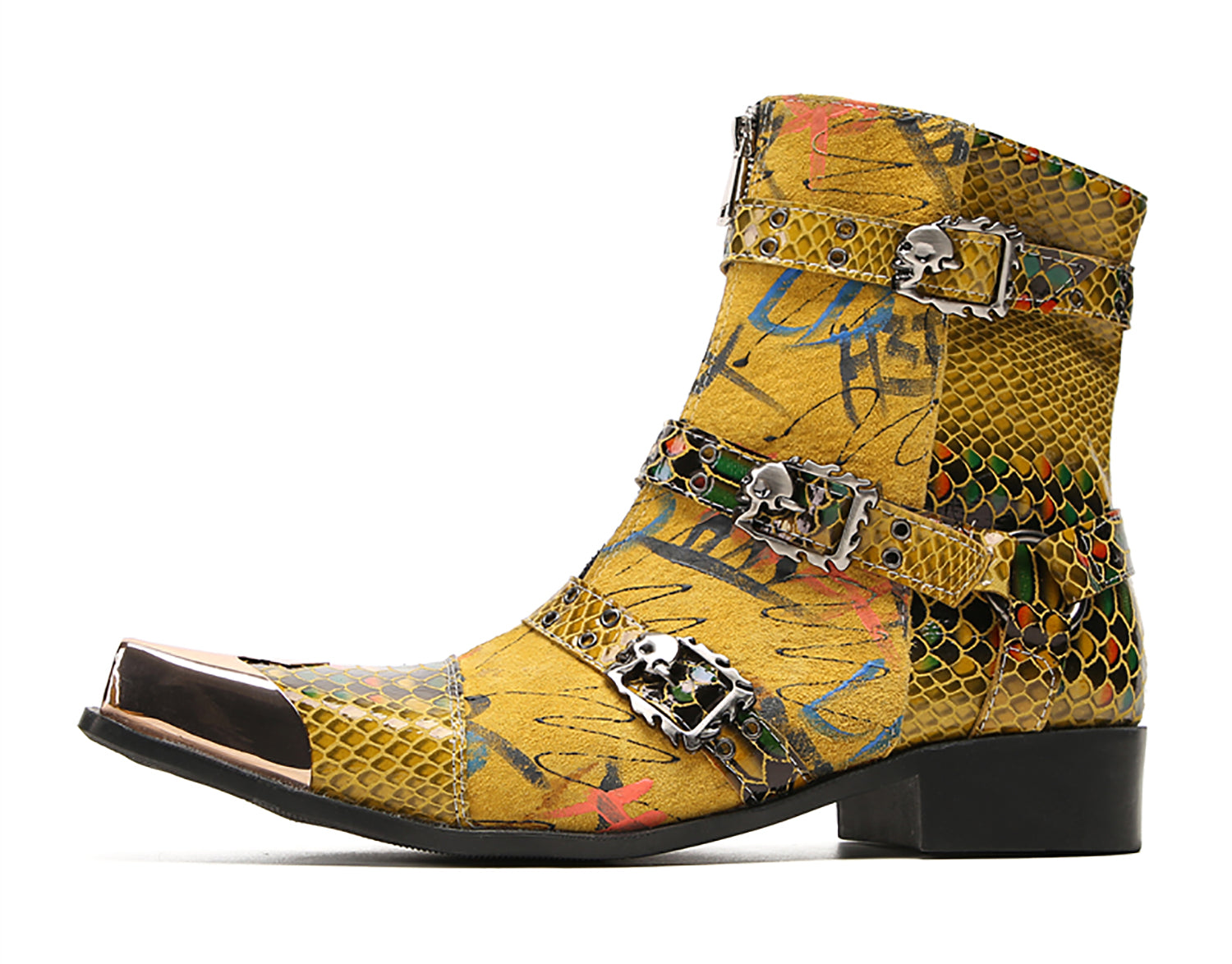 Men's Metal Square-Toe Buckle Zipper Western Boots