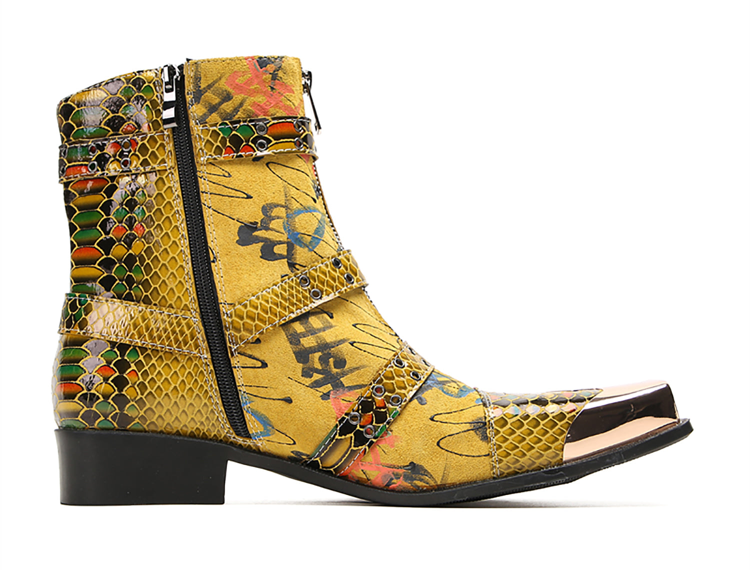 Men's Metal Square-Toe Buckle Zipper Western Boots