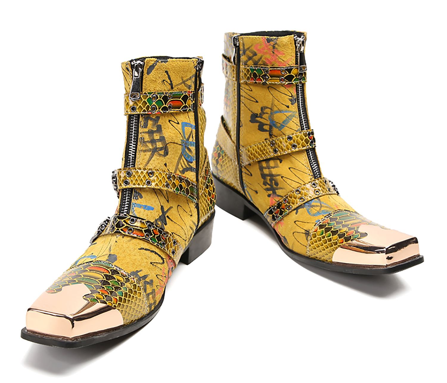 Men's Metal Square-Toe Buckle Zipper Western Boots