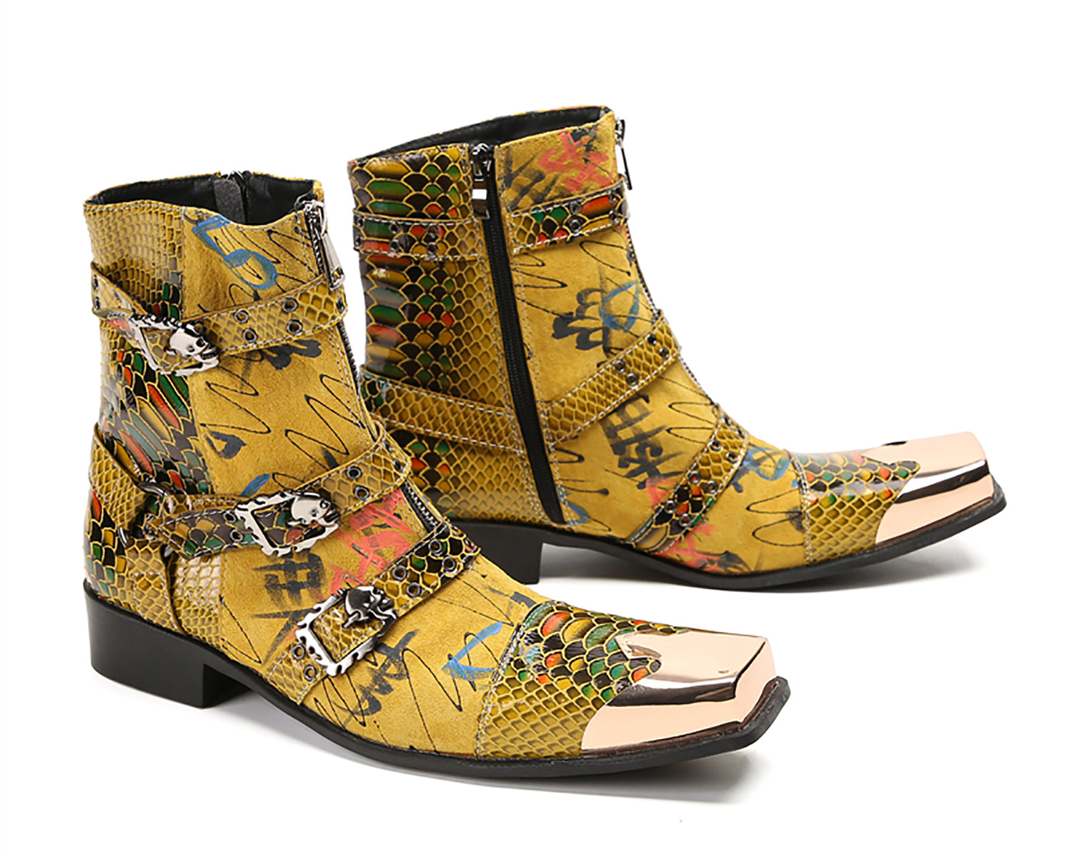 Men's Metal Square-Toe Buckle Zipper Western Boots