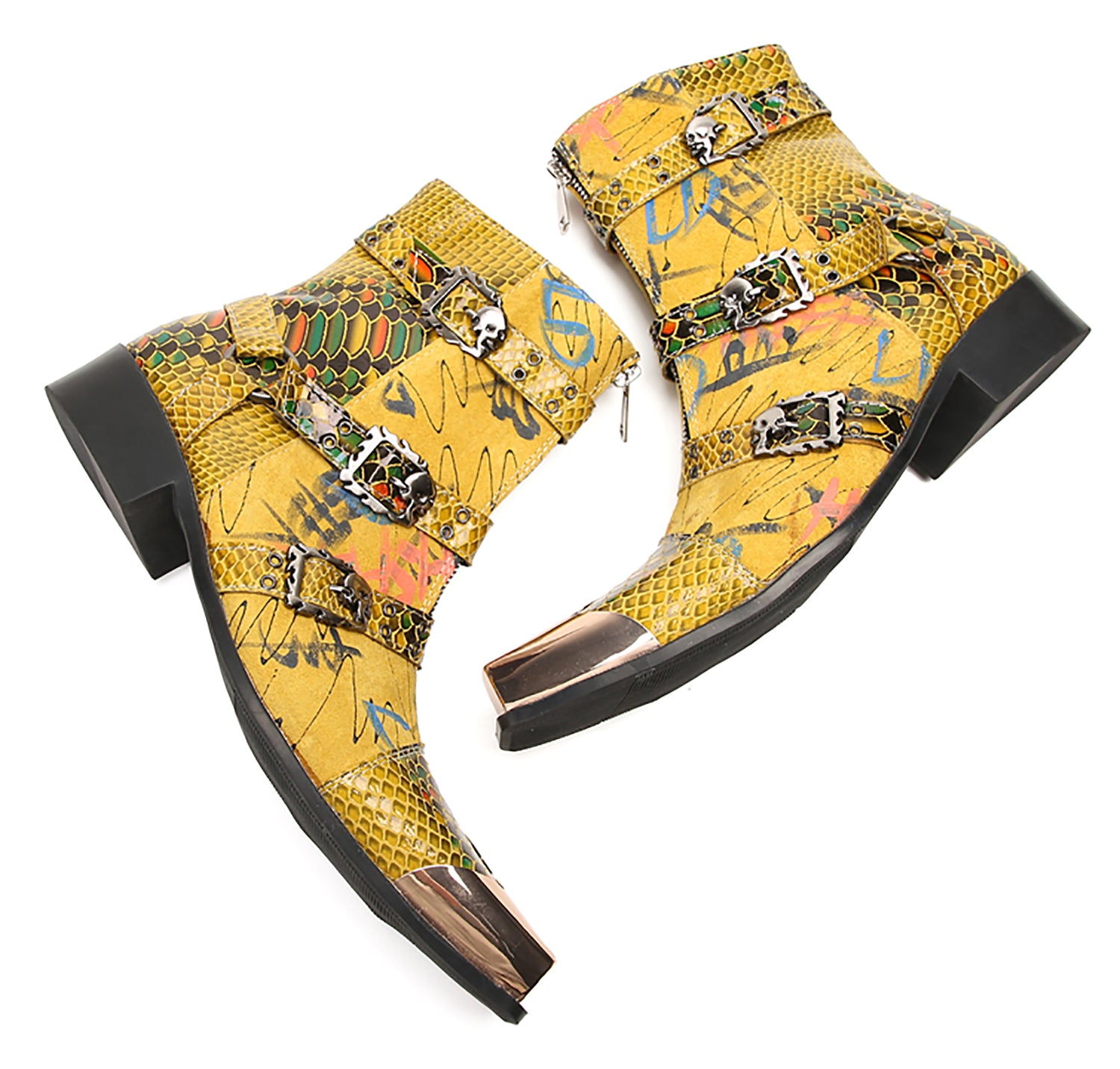 Men's Metal Square-Toe Buckle Zipper Western Boots