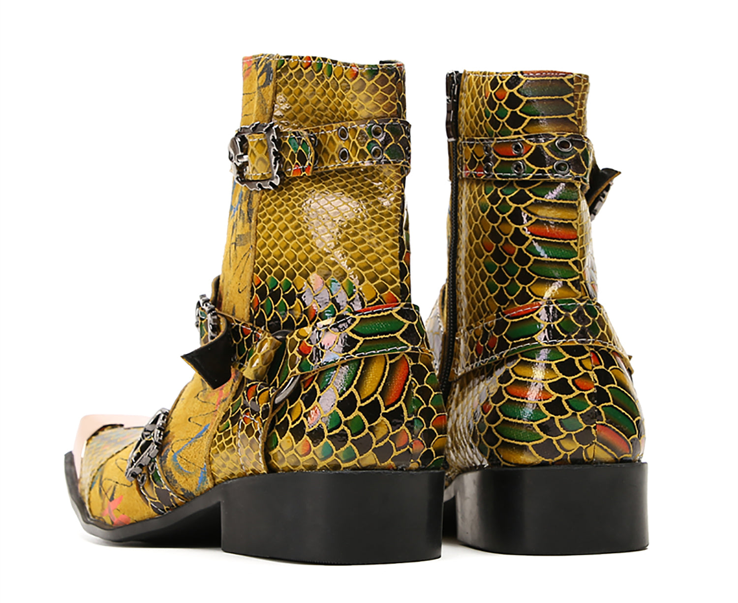 Men's Metal Square-Toe Buckle Zipper Western Boots