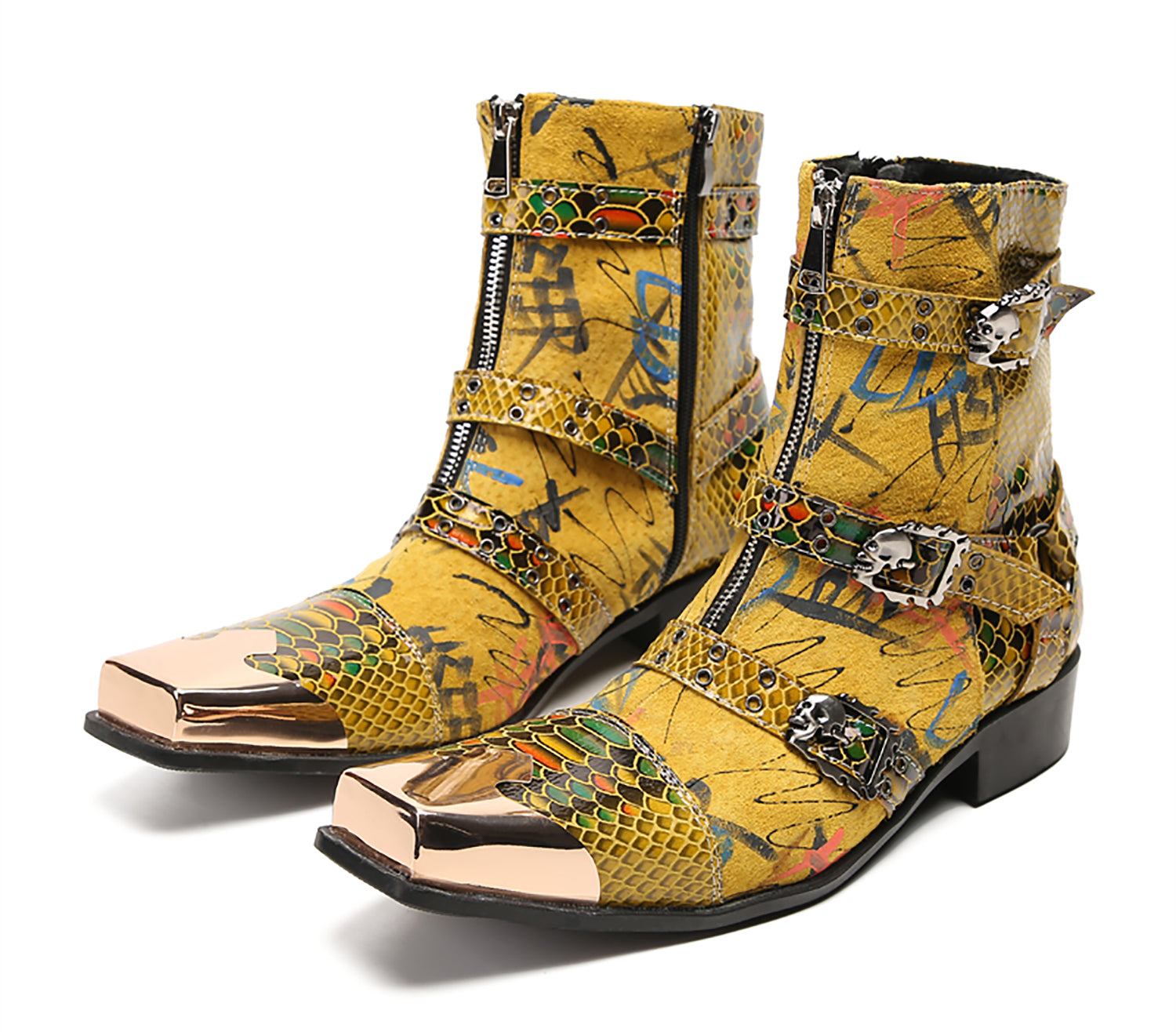 Men's Metal Square-Toe Buckle Zipper Western Boots