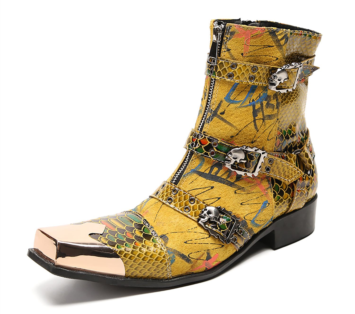 Men's Metal Square-Toe Buckle Zipper Western Boots