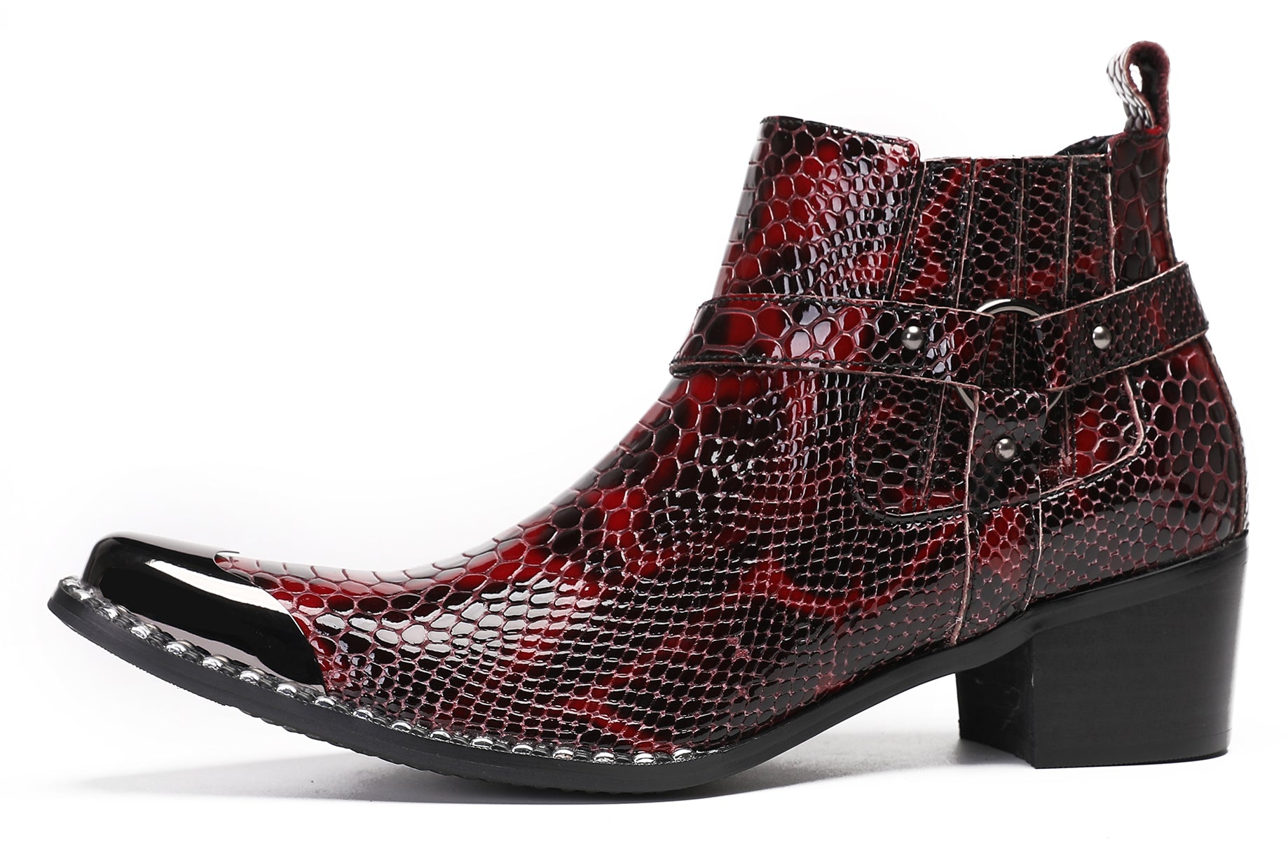 Mens Casual Snakeskin Texture Meatal Tip Toe Western Boots