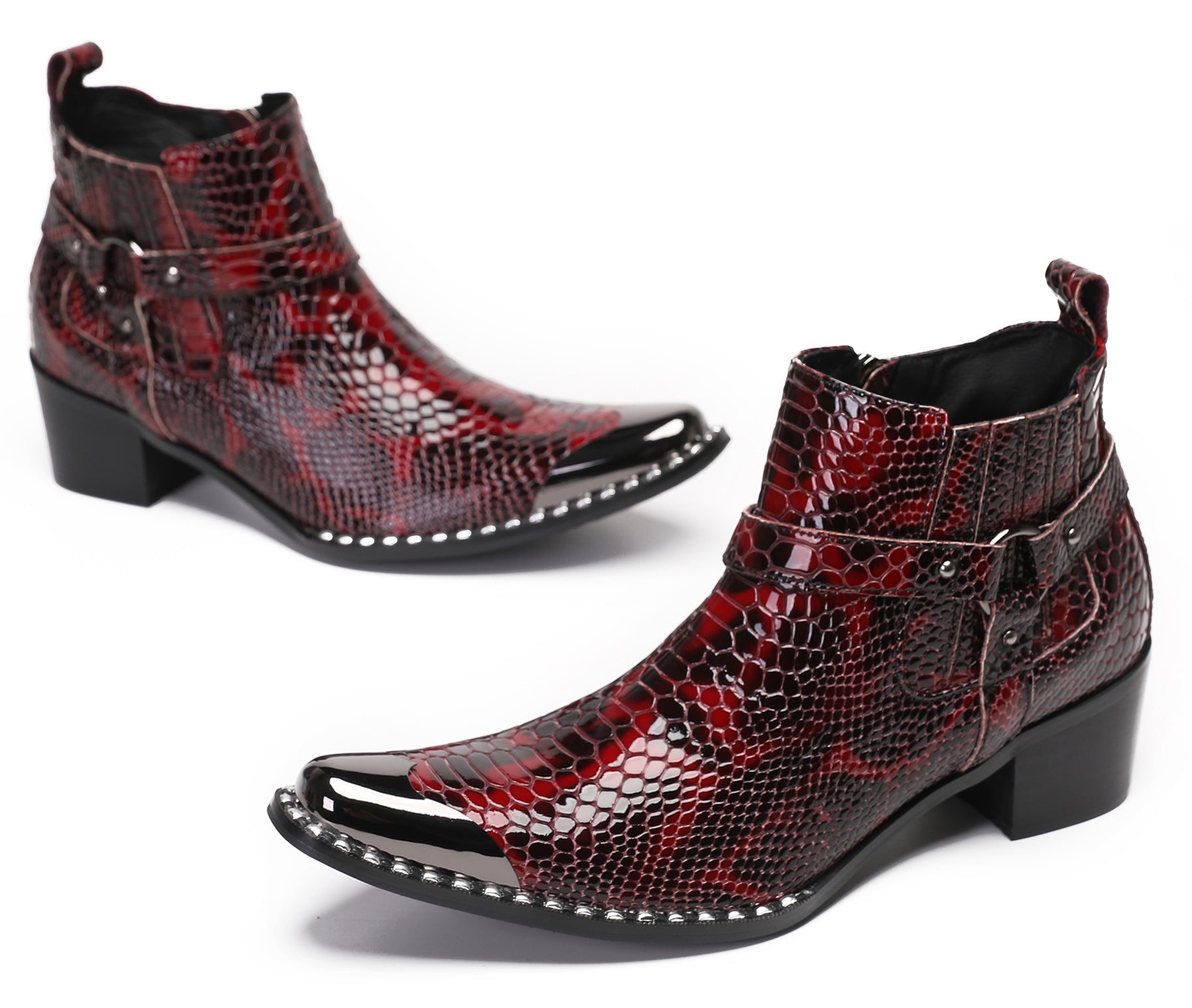 Mens Casual Snakeskin Texture Meatal Tip Toe Western Boots