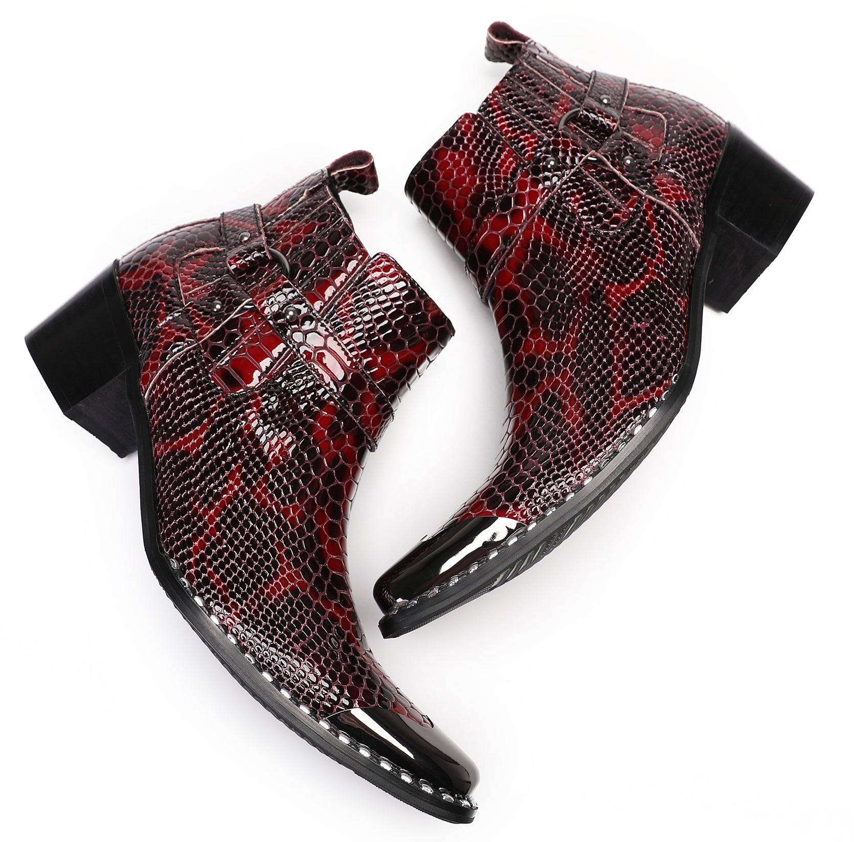 Mens Casual Snakeskin Texture Meatal Tip Toe Western Boots
