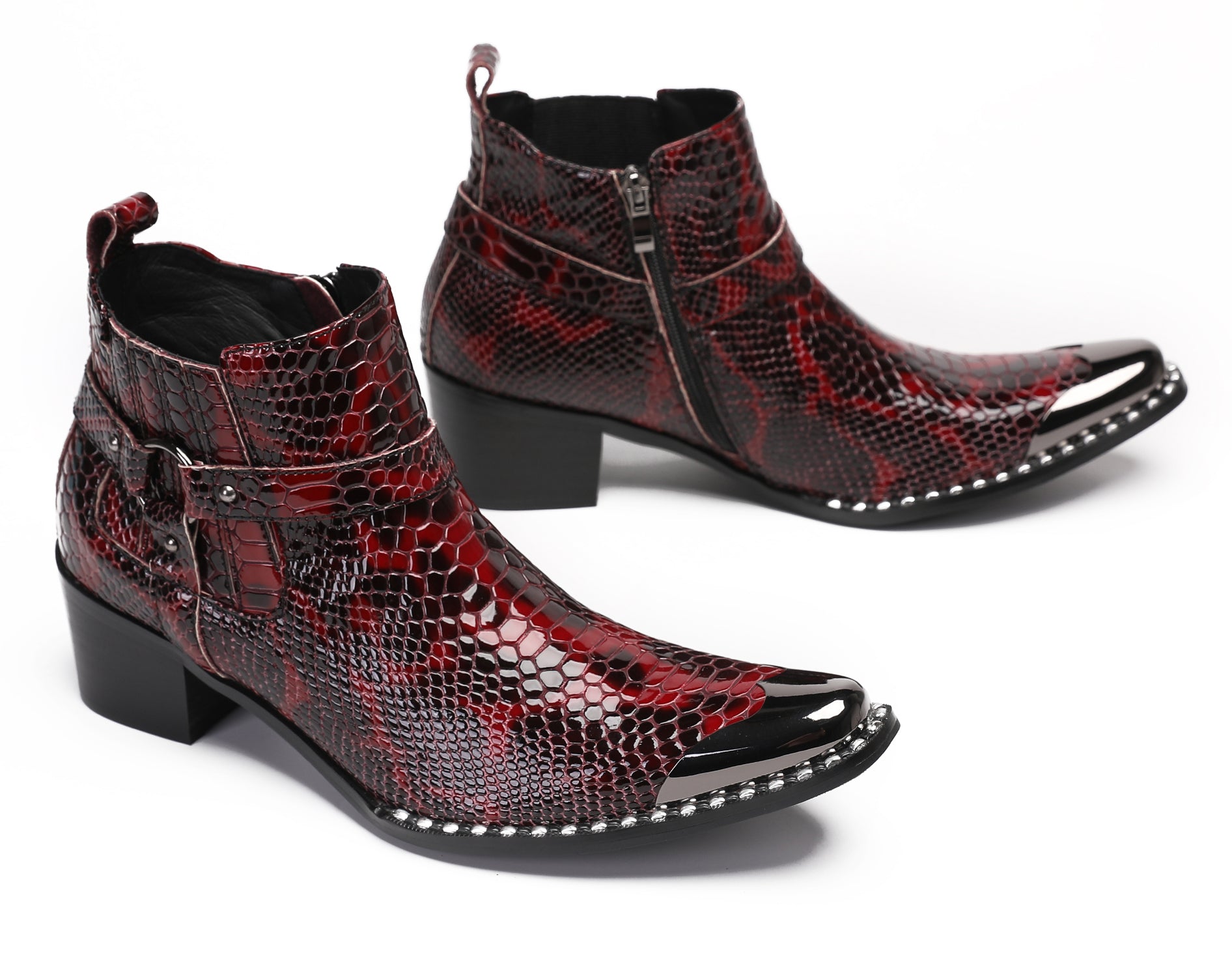 Mens Casual Snakeskin Texture Meatal Tip Toe Western Boots