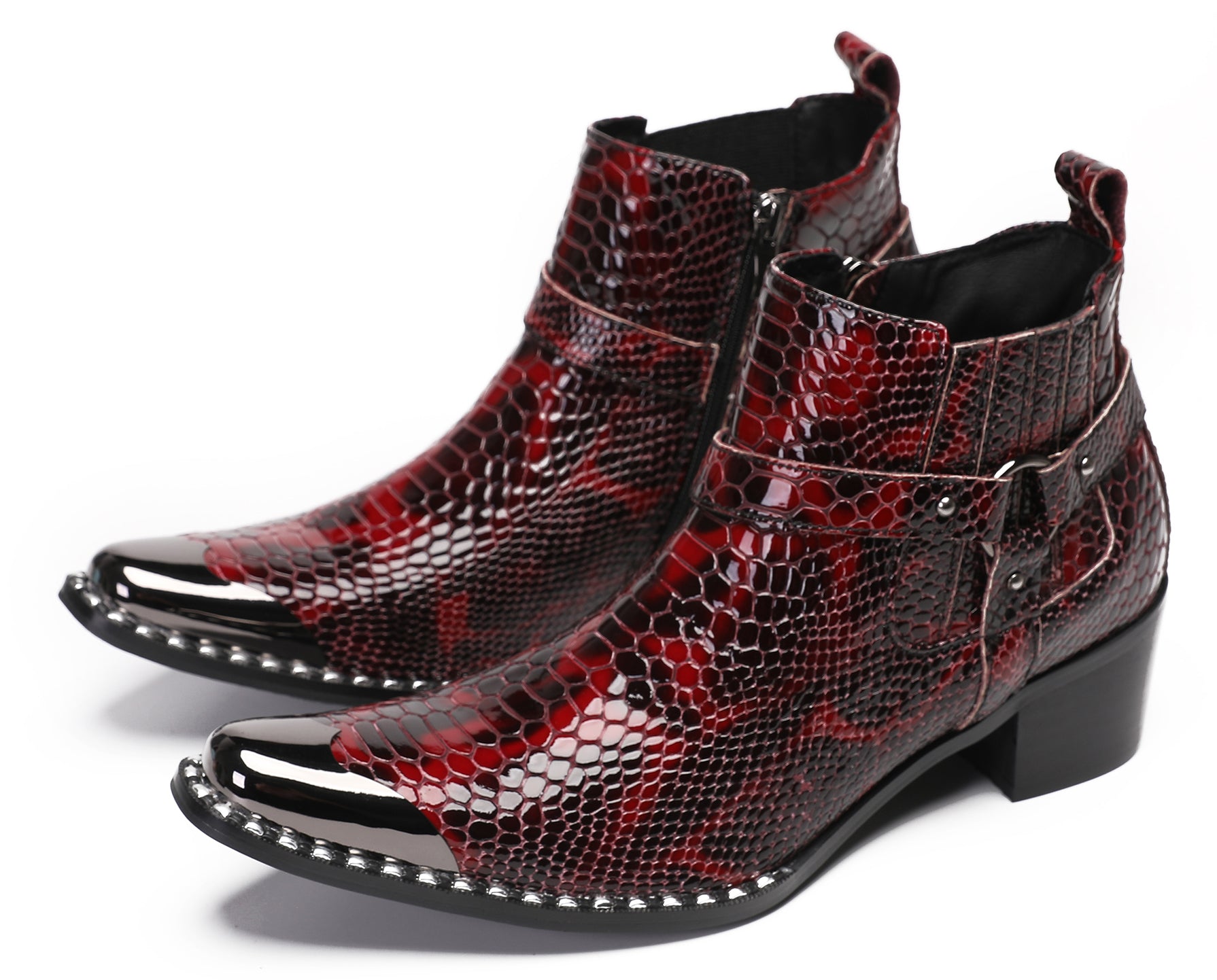 Mens Casual Snakeskin Texture Meatal Tip Toe Western Boots