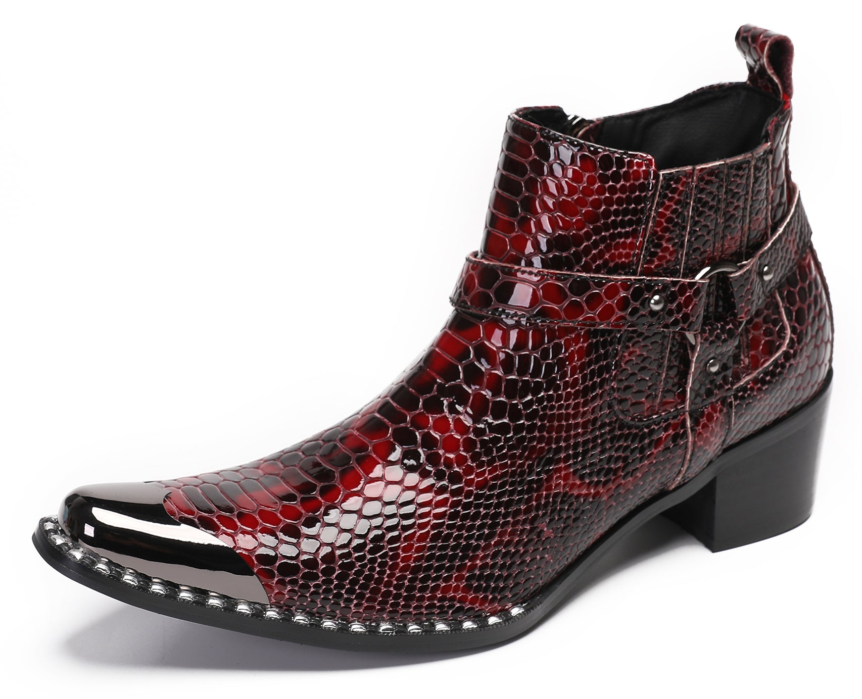 Mens Casual Snakeskin Texture Meatal Tip Toe Western Boots
