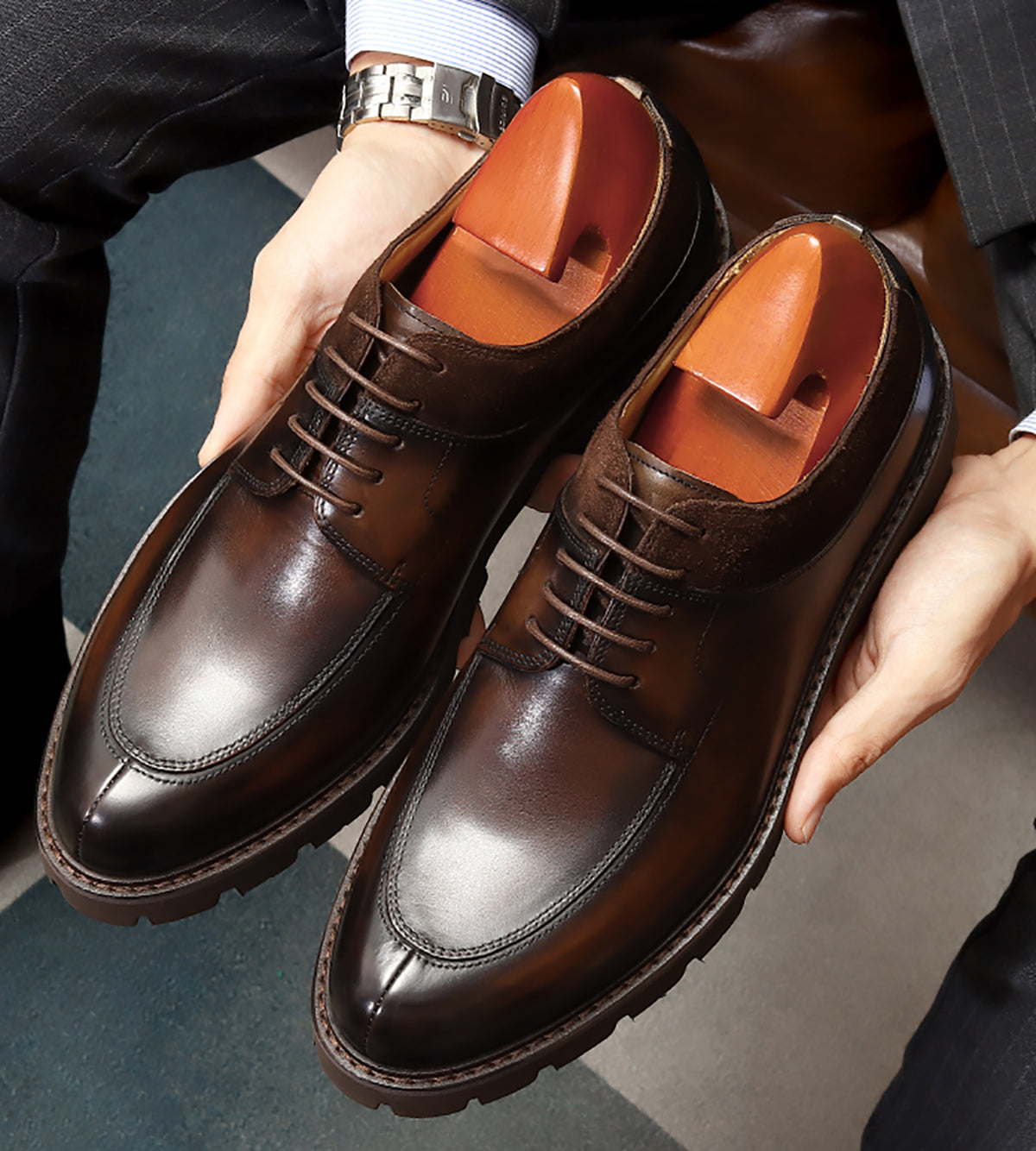 Men's  Genuine Leather Tuxedo Derby Thick Sole Shoes