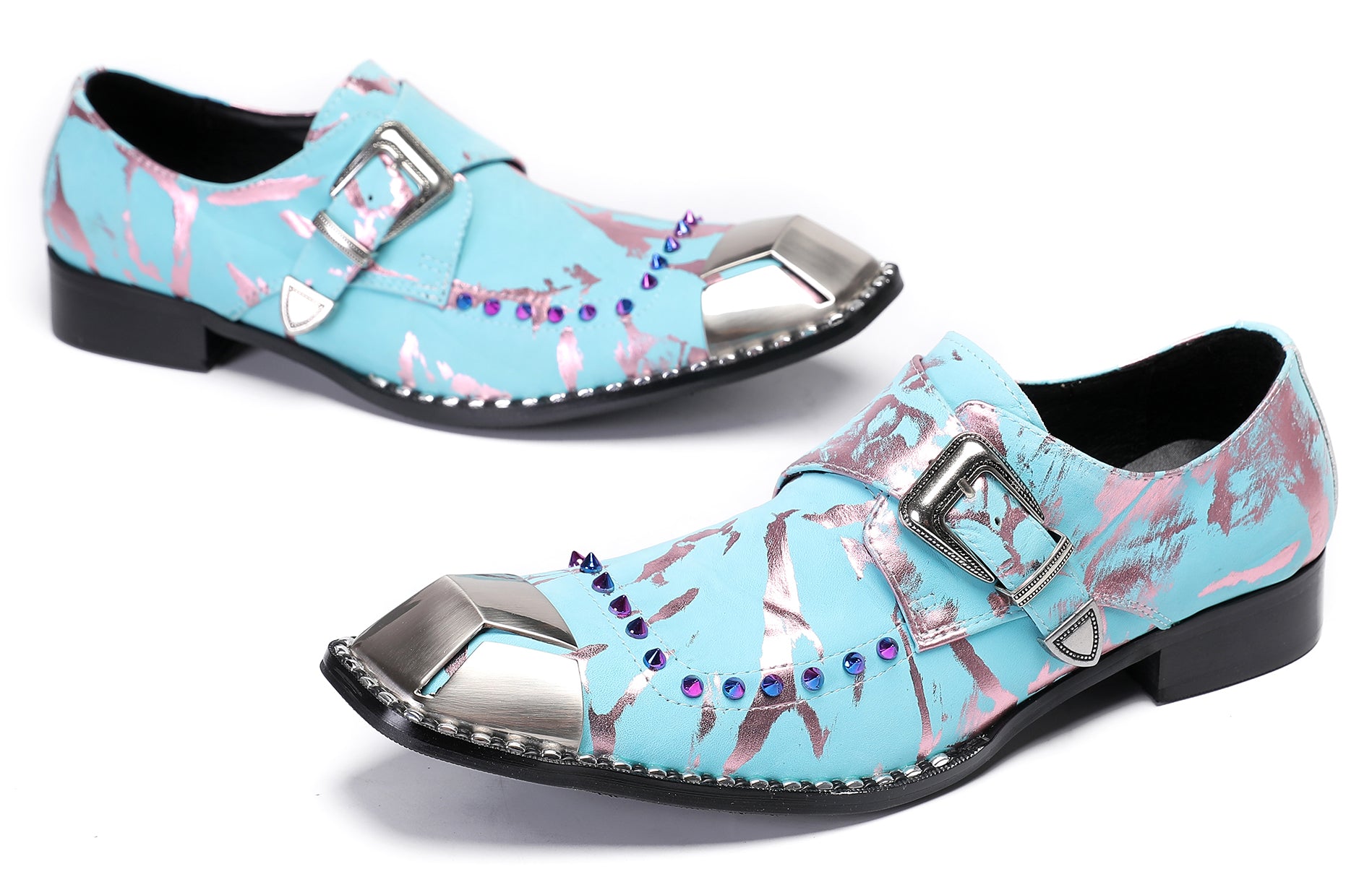 Mens Metal Sqaure Toe Monk Strap Western Loafers