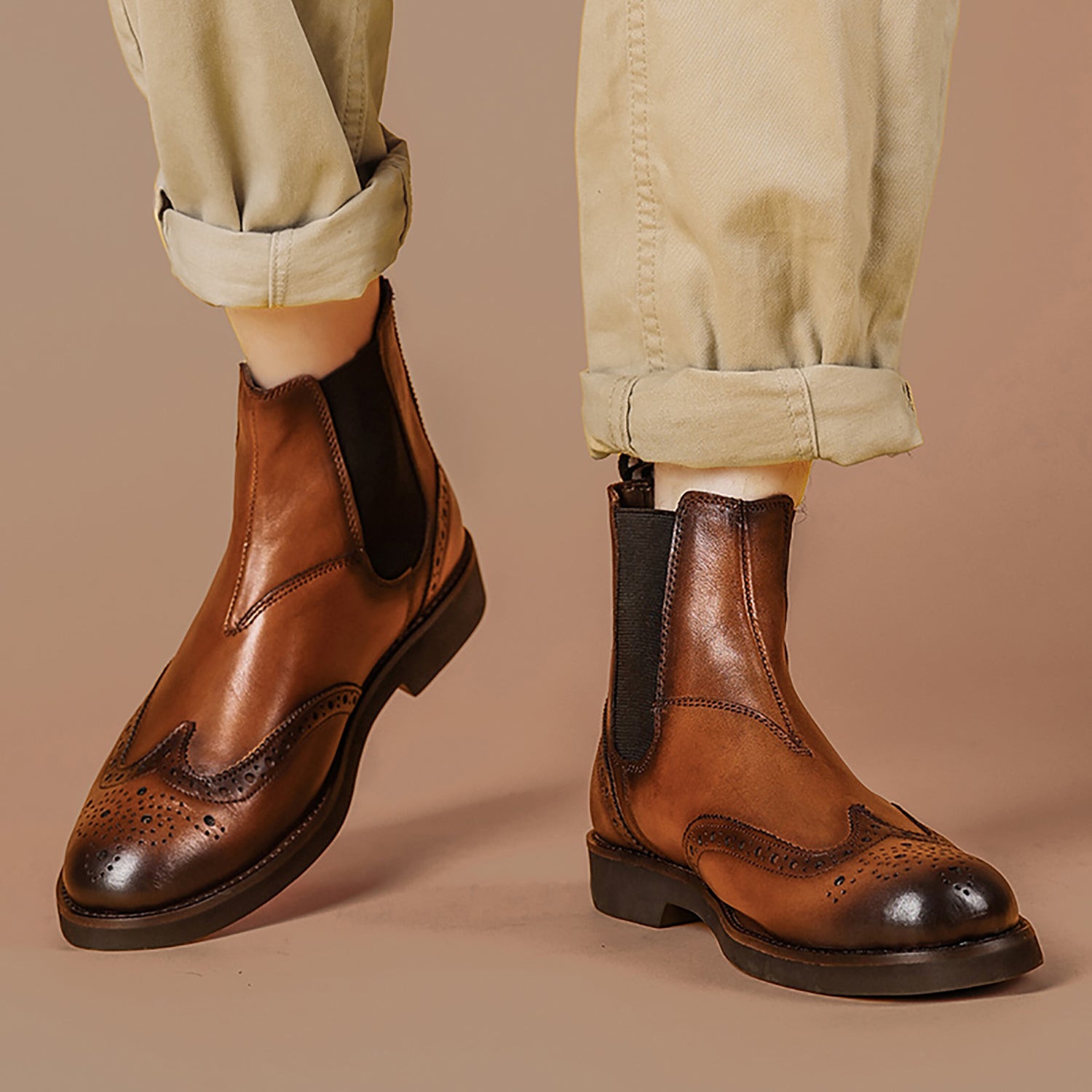 Men's Genuine Handmade Wingtips Brogues Chelsea Boots