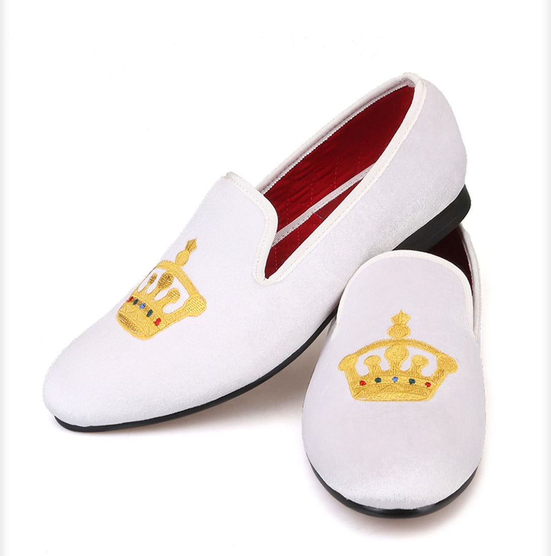 Mens Suede Loafers Embroidered Crown Slip On Shoes