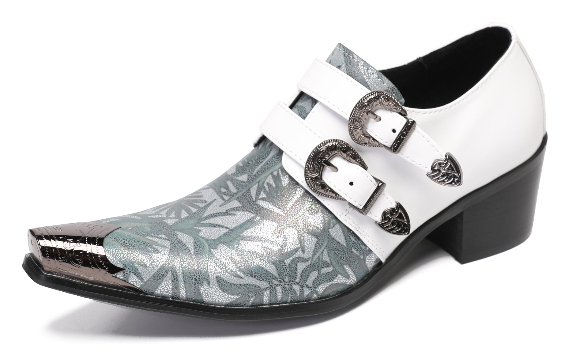 Mens White Dress Double Buckle Western Loafers