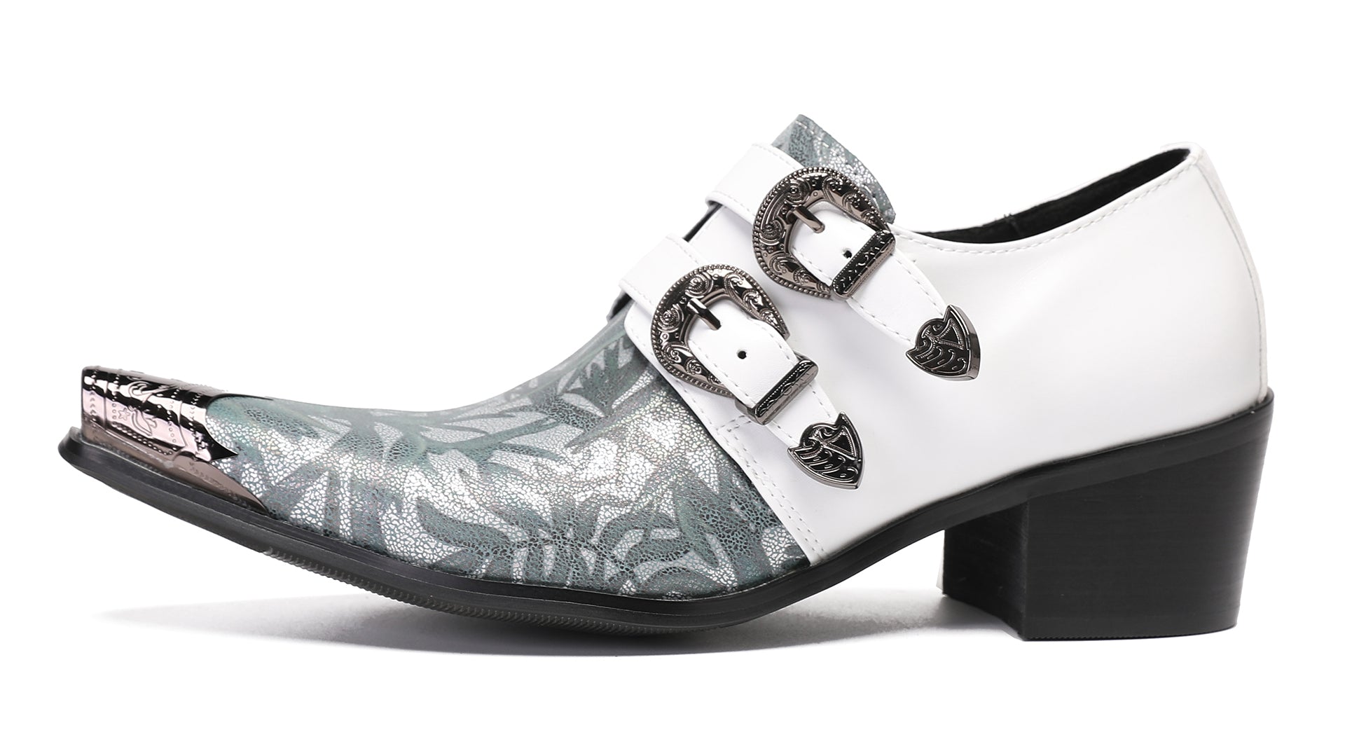 Mens White Dress Double Buckle Western Loafers