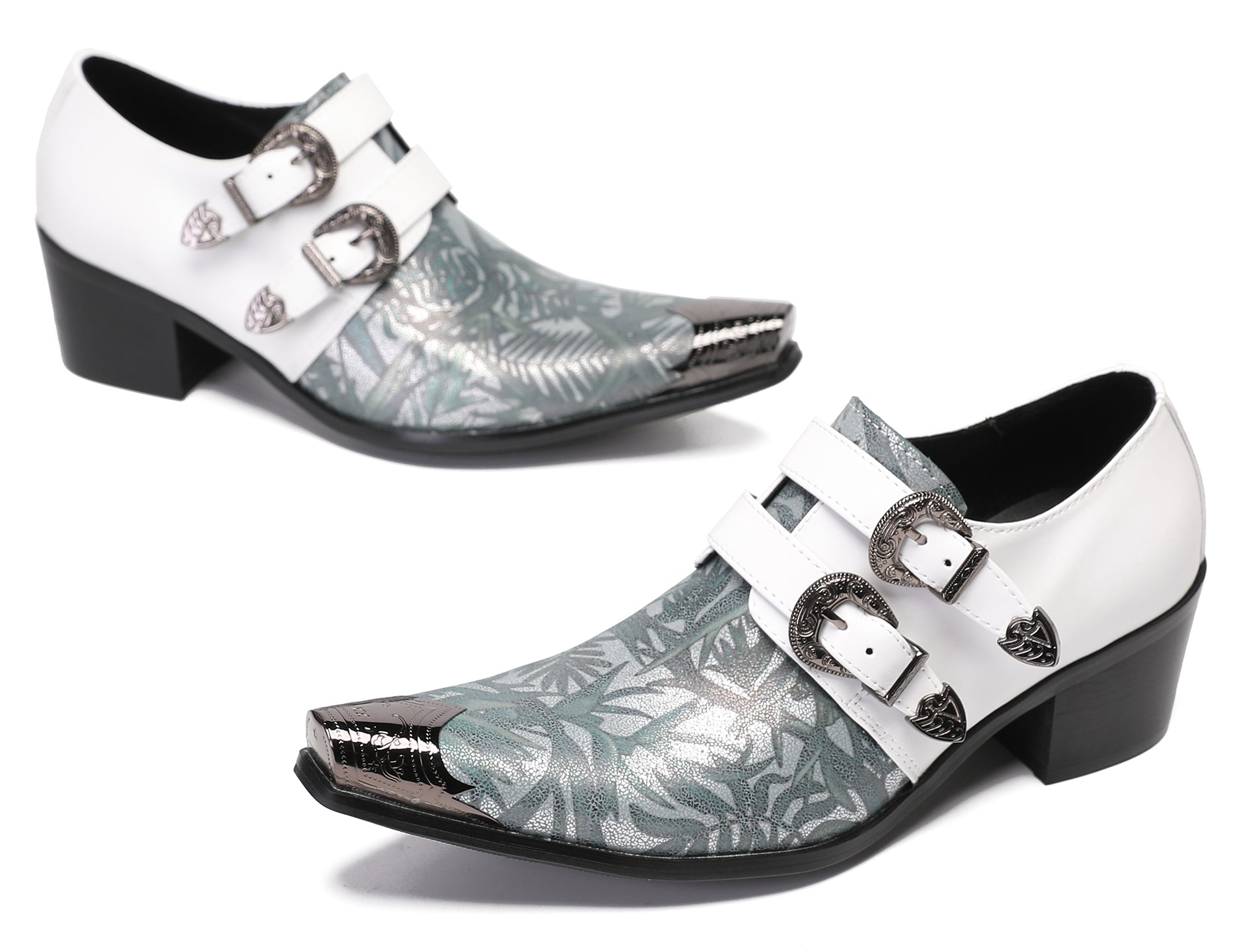 Mens White Dress Double Buckle Western Loafers